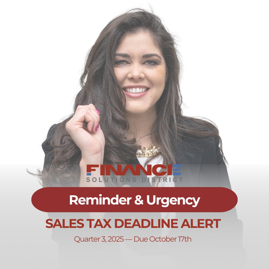 📣 SALES TAX DEADLINE ALERT 🚨
🗓️ Quarter 3, 2025 Deadline: October 17th
If your business collects sales tax, it’s time to file your Q3 Sales Tax Return!
⏳ Don’t risk costly penalties — stay compliant and on time.
💼 We help businesses stay stress-free by handling:
✔️ Accurate calculation and reporting of sales tax
✔️ Filing for multiple states (if applicable)
✔️ Review of exemptions and credits
✔️ On-time electronic submission
✔️ Recordkeeping for your files
⚠️ Most common sales tax errors businesses make:
🚫 Collecting the wrong sales tax rate
🚫 Missing filing deadlines for multiple states
🚫 Failing to remit tax collected on time
🚫 Misclassifying taxable vs. non-taxable sales
🚫 Not keeping updated exemption certificates
🚫 Incomplete or missing documentation for audits
🚫 Not recording all sales during the quarter
✨ Avoid these mistakes — we can help!
Our team ensures your return is filed accurately, completely, and before the deadline.
📅 Q3 Sales Tax Due: October 17, 2025
Let us handle your filing — accurate, compliant, and guaranteed on time!
#SalesTax #TaxDeadline #Quarter3 #SalesTaxFiling #BusinessTaxes #TaxCompliance #AccountingServices #TaxHelp #TaxPro #FinanceSolutions #AvoidPenalties #SmallBusinessFinance #BusinessOwners #TaxTips #fileontime