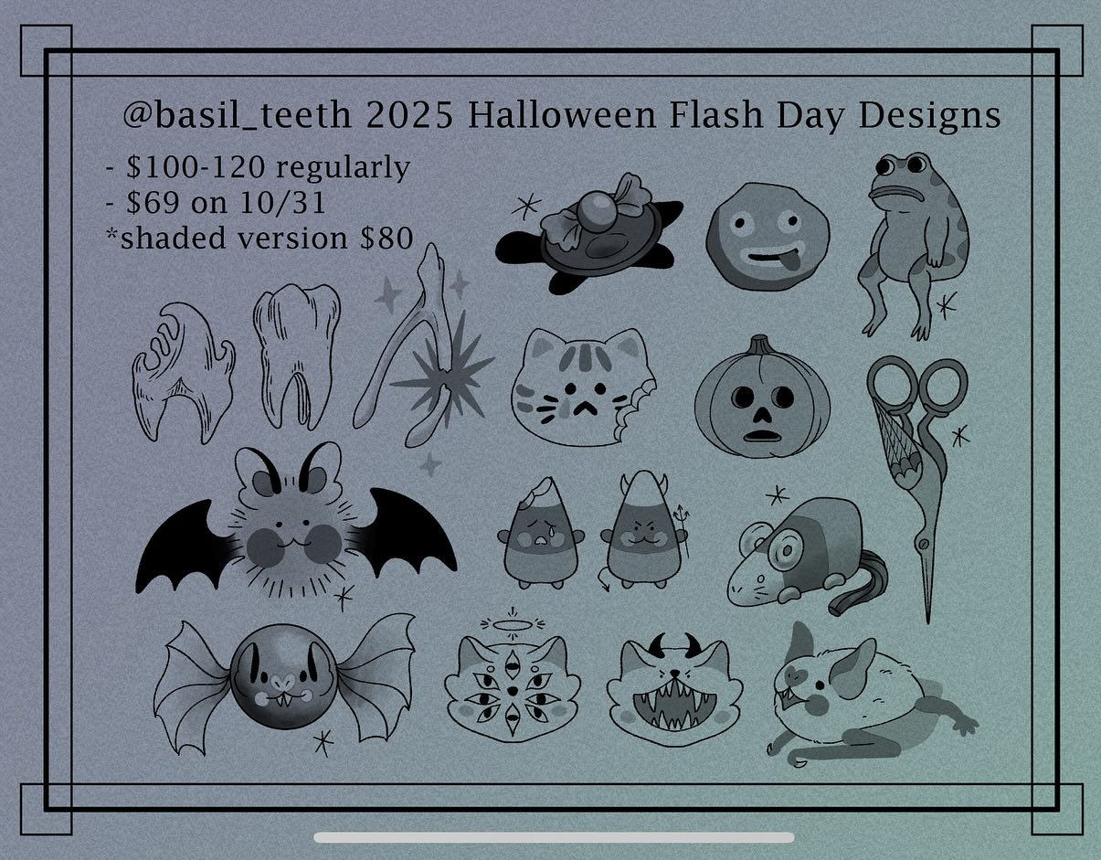 Here are the flash sheets for @basil_teeth for the Halloween flash day! Check out the flash day info for more details on how to sign up!
#flashday #halloween #tattooflash