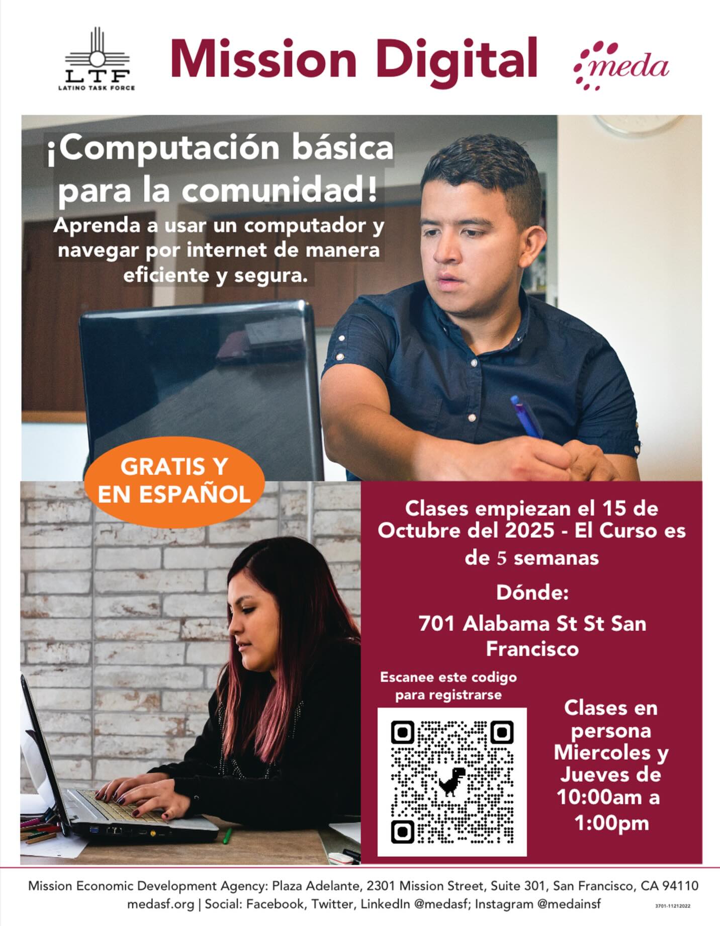 📣 ¡Clases GRATIS de computación básica! 💻
Aprende a usar una computadora y navegar por internet de forma segura.
🗓️ Empiezan: 15 de Octubre, 2025
📍701 Alabama St, San Francisco
🕙 Miércoles y Jueves | 10am - 1pm
🗣️ En español
¡Regístrate escaneando el código QR!
#MissionDigital #ClasesGratis #SanFrancisco #Medasf #ComunidadLatina