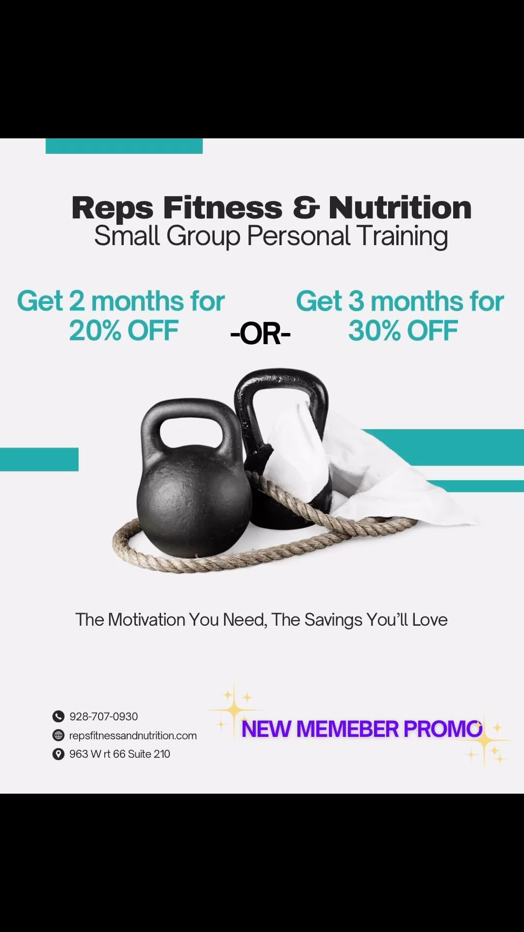 Attention Flagstaff!! Check out our new member promo!
This includes our silver, gold & platinum memberships!
Lock in a 10 or 15% discount at the end when you commit to an additional 6 months.
DM us, check our website or shoot us a text to learn more!!
928-707-0930
And our 1 week for $1 is still in effect
Come check us out! 💪💪 💪
#reps #repsfitnessandnutrition #flagstaff #sgpt #smallgrouptraining #smallgroupfitness #smallgroupoersonaltraining