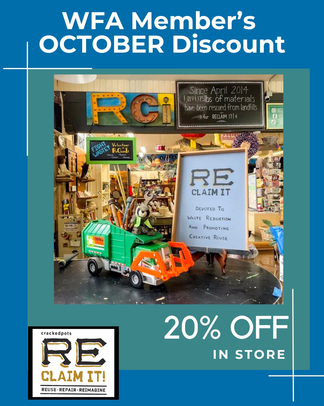 We are so excited to be extending 20% off to our members @reclaimitpdx this month! This wonderful nonprofit salvages goods from what most people call the dump - the Metro Central Transfer Station - then they clean the items, repair them, and get them back into circulation. They also offer art shows and a juried artist program called Glean which is currently accepting applications! Go support this fabulous place. See what they have and consider becoming a volunteer! Then consider becoming a member of WFA for our next round of monthly discounts in 2026. #pdxnonprofit #portlandartists #portlandartistscommunity #gleaning