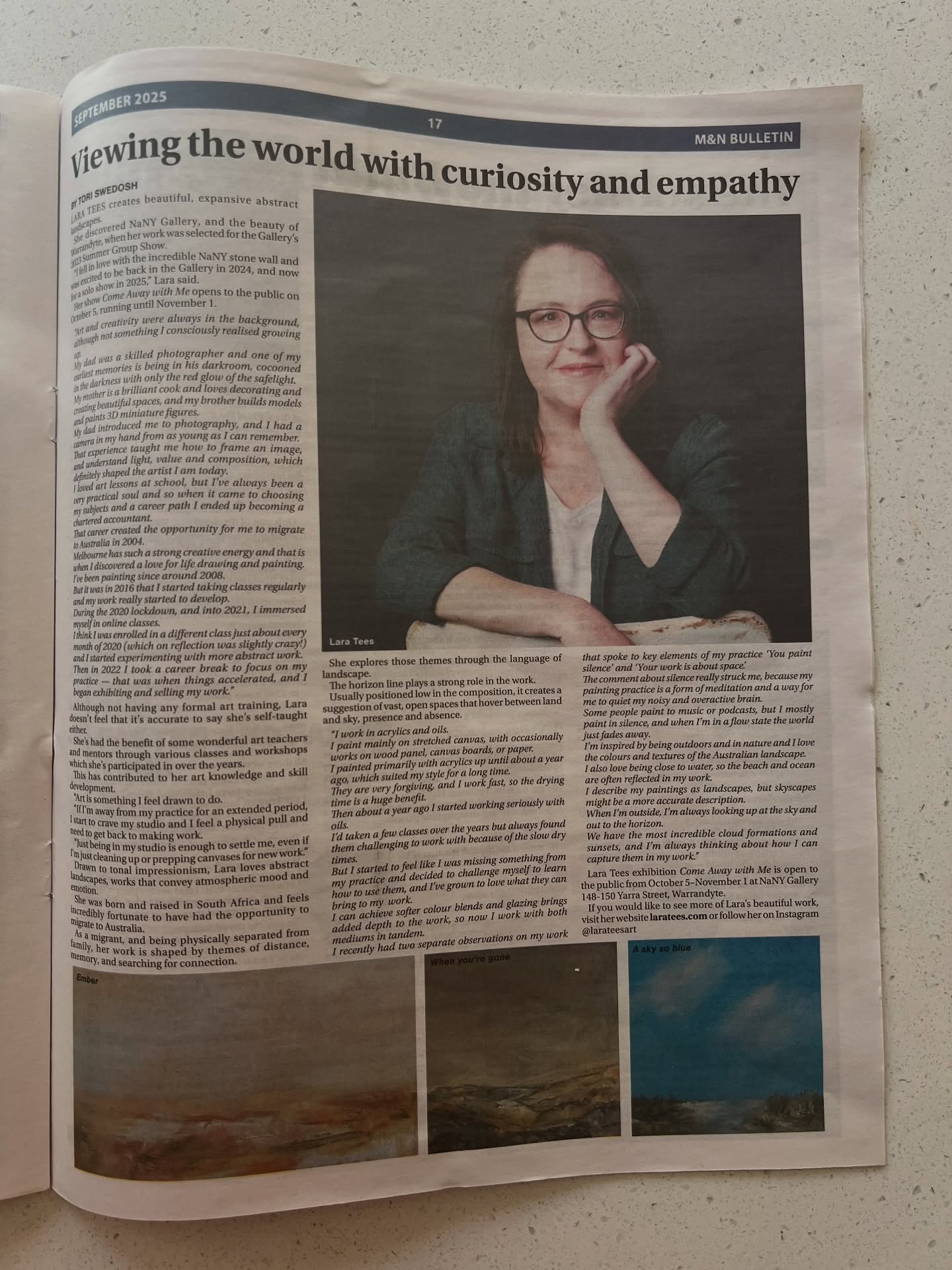Thank you so much to @toriswedosh_art for the interview and article about my solo exhibition ’Come away with me’, now showing at NaNY Gallery in Warrandyte.
The article shares some of my background, inspiration and art practice. It was lovely to reflect and share some of my experiences, thank you ❤️
I’ve included a link to the article (it’s on page 17 ☺️) in my bio - with thanks to @warrandytediary
Scroll through for some of the paintings in the show.
Housed within the Now and Not Yet cafe, the NaNY Gallery is open Mon-Fri 8am-3pm, and Sat-Sun 8am-4pm.
My exhibition runs until 1 Nov. Go grab a coffee and something to eat while you enjoy the art 😁❤️