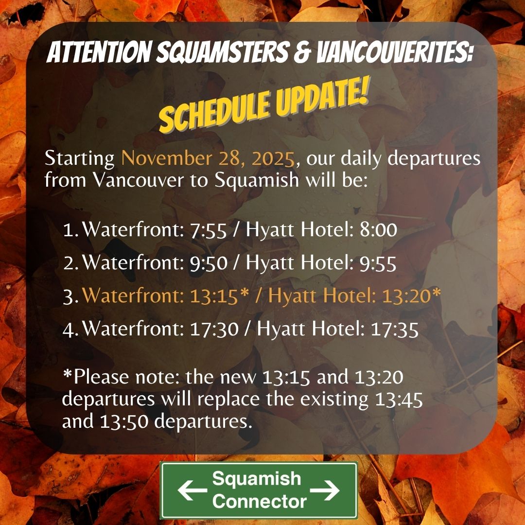 Thank you again for all your valuable feedback on our most recent survey!
Based on your responses, we will be adjusting our mid-day departure from Vancouver to Squamish to better meet your travel needs. Mark the following change in your calendars and be sure to watch our channels for further updates as we roll them out in the coming months.
👉 Starting November 28, 2025, our 13:45 and 13:50 trips northbound from Vancouver will now leave 30 mins earlier - at 13:15 and 13:20.
We hope to see you on the Sea to Sky Hwy with us again soon!
#squamish #squamishbc #seatoskyhighway #tourismsquamish #britanniaminemuseum #seatoskygondola #exploresquamish #explorebc #destinationvancouver #destinationbc