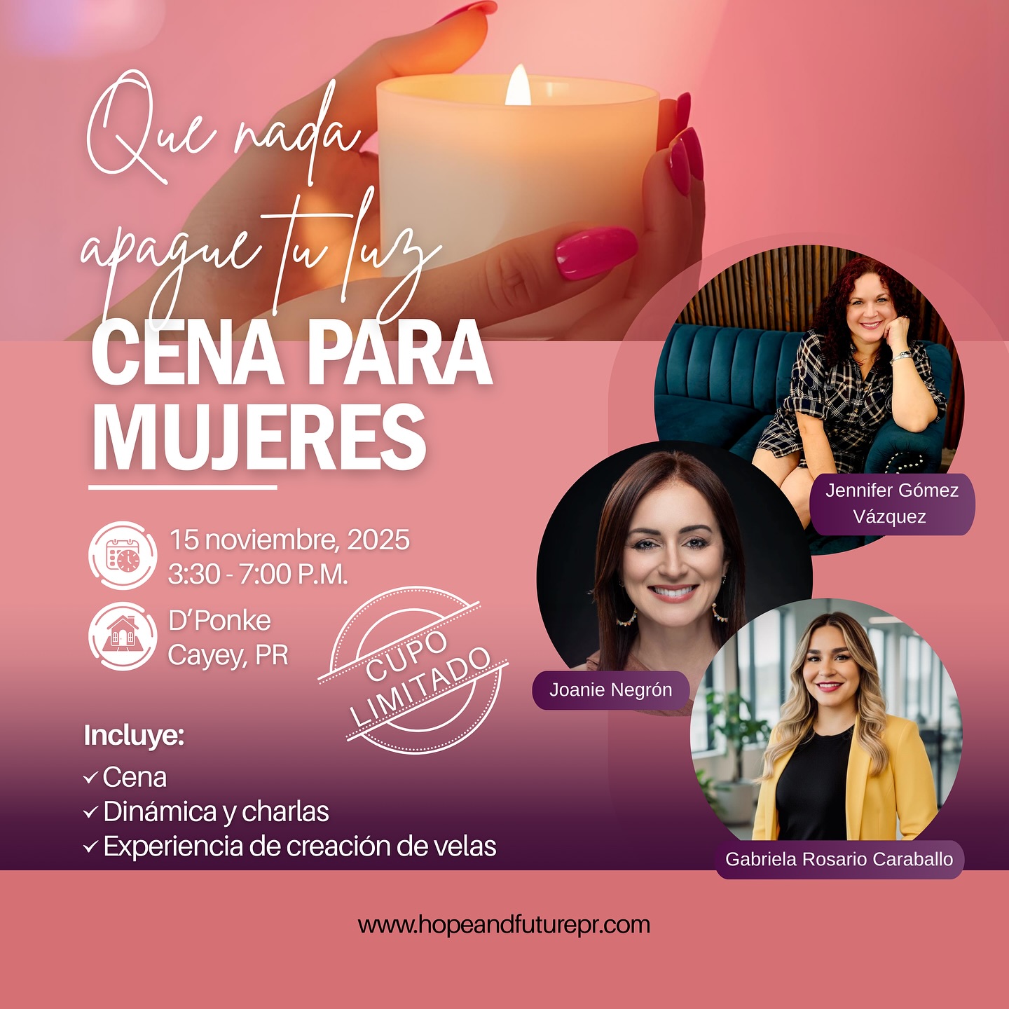 ✨ “Que nada apague tu luz” ✨
Este 15 de noviembre, te invitamos a vivir una experiencia creada para mujeres que desean reconectar con su bienestar, su alegría y su propósito.
En un ambiente acogedor y lleno de energía positiva, compartiremos una tarde de conexión, risas y esperanza.
Disfruta de una deliciosa cena, charlas inspiradoras y una experiencia de creación de velas que simboliza encender tu luz interior y mantenerla viva, sin importar las circunstancias.
Este evento nace como un espacio seguro y transformador, donde cada historia importa y cada sonrisa cuenta.
Y lo más hermoso es que también puedes regalar de tu luz 💛 — donando una taquilla para que otra mujer pueda participar y vivir esta experiencia de bienestar y empoderamiento.
📅 Sábado, 15 de noviembre de 2025
🕞 3:30 p.m. – 7:00 p.m.
📍 D’Ponke, Cayey, PR
🎟️ Cupos limitados
✨ Porque cuando una mujer enciende su luz, ilumina a todas las demás.
👉 Reserva tu espacio o dona una taquilla: Link in Bio
https://www.hopeandfuturepr.com/webinar-registration-1