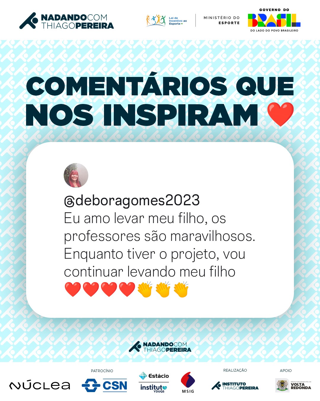 Palavras como as da @deboragomes2023 reforçam a confiança das famílias e a importância de termos professores dedicados, afetivos e comprometidos com cada criança. 🌊
No Nadando com Thiago Pereira – Núcleo Volta Redonda, acreditamos que aprender a nadar vai além da piscina: é cuidar, educar e transformar vidas, lado a lado com a comunidade.
São parceiros como a @oficialnuclea, @fundacaocsn, @institutoyduqs e @mitsuisumitomoseguros_oficial que tornam possível oferecer essa oportunidade a tantas famílias. 🌊💙