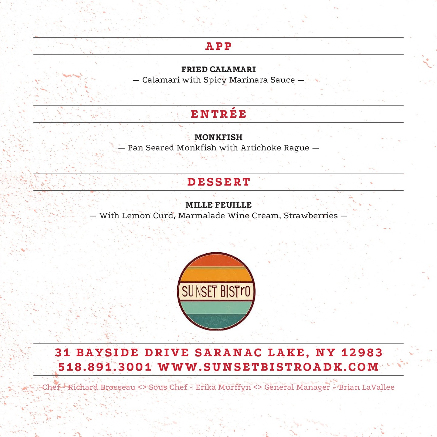 Hi locals, it's that time again - Locals Night!
Here is our locals menu for tonight.
Remember, you can order off our regular menu as well!
Ask about our drink specials!
Reserve NOW
www.sunsetbistroadk.com
518.891.3001