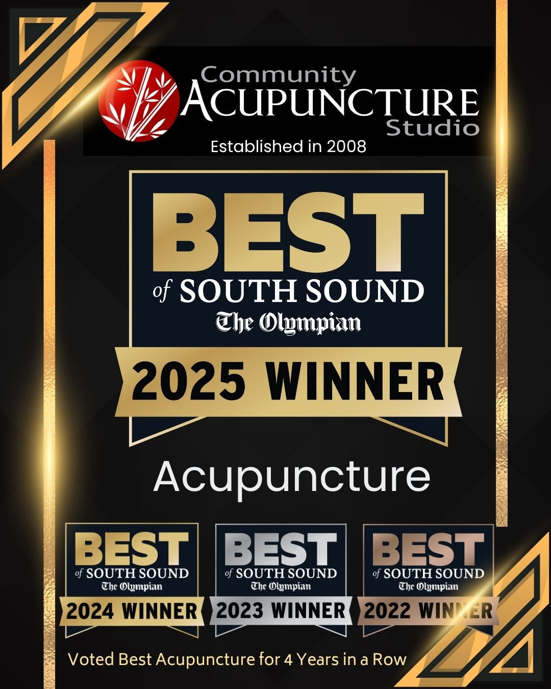 ✨ This post is a little late, but I wanted to say how GRATEFUL I am. ✨
Thanks to your support, Community Acupuncture Studio has been voted Best Acupuncture in the Best of South Sound again this year. 💛
That makes 4 straight years as a top finalist, and I truly couldn’t have done it without this amazing community. It’s been an honor and privilege to serve you for 17 years (and counting!). Thank you for the love and support. 💕
From the bottom of my heart — thank you for trusting me with your care. 🌿
www.cas-olympia.com
#BestOfSouthSound #BOSS #Acupuncture #Gratitude #OlympiaRocks