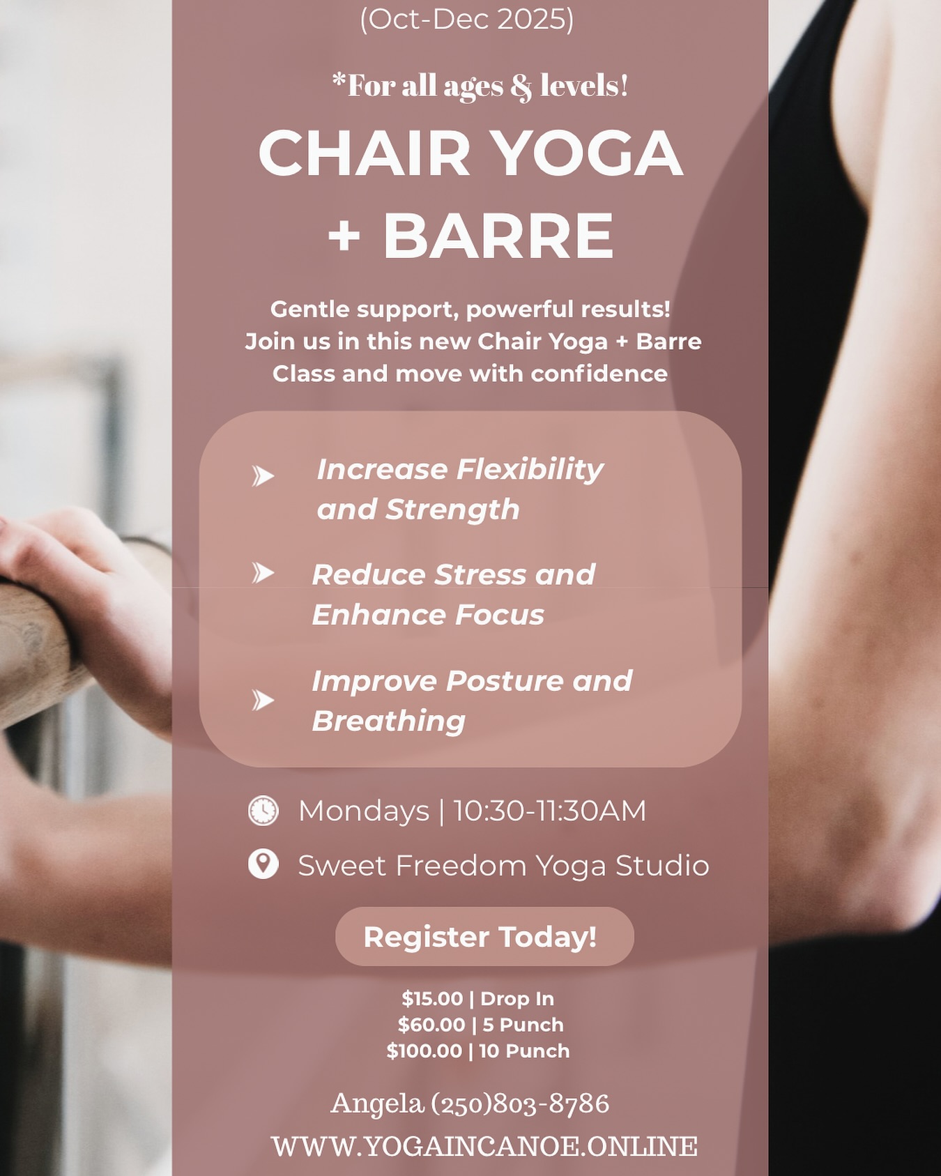 Gentle support, powerful results 🌸
Join me Mondays this fall at Sweet Freedom Yoga for Chair Yoga + Barre - a class that blends strength, mobility, and deep release. Perfect for all bodies and experience levels.
✨ Increase flexibility & strength
✨ Reduce stress & enhance focus
✨ Improve posture & breathing
🪑 Mondays | 10:30–11:30am
📍 Sweet Freedom Yoga Studio
💻 Register at yogaincanoe.online
#ChairYoga #BarreYoga #SweetFreedomYoga #KanooWellness #YogaInCanoe #MindfulMovement #MobilityMatters #GentleStrength #YogaCommunity #SalmonArmYoga