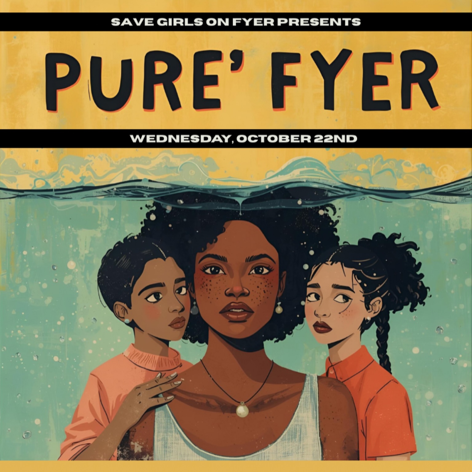🎭 PURE’ FYER
(Pronounced “Purifier”)
A Save Girls On F.Y.E.R. Original Youth Production
Wednesday, October 22, 2025
6p-8p
Seven Angels Theater