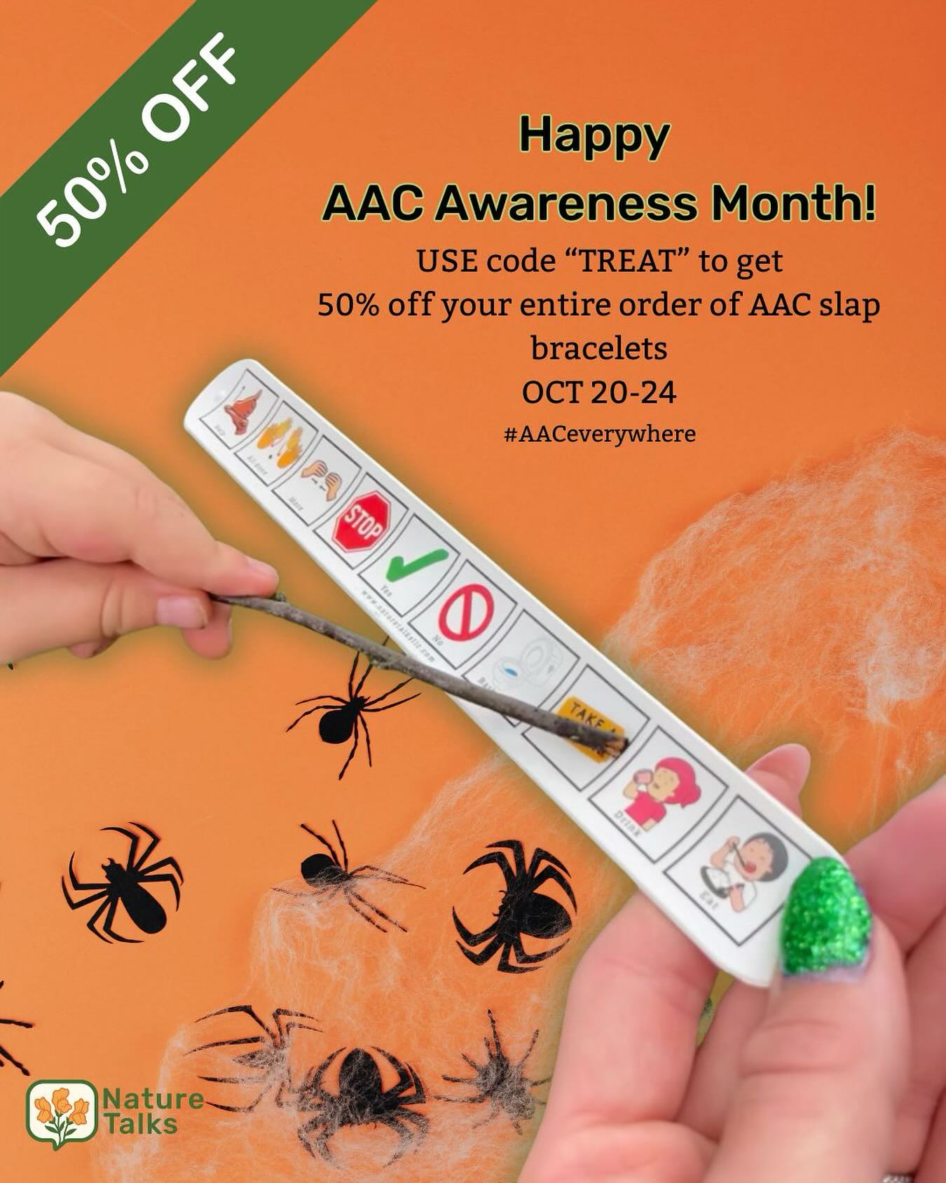 Celebrate AAC Awareness Month with 50% off our AAC Coreboard Slap Bracelets
Oct 20–24 only at www.naturetalksllc.com
They’re the perfect accessory for complex communicators to take trick-or-treating. Communication support that’s fun, functional, and festive! 🧡
#AACeverywhere #trickortreat