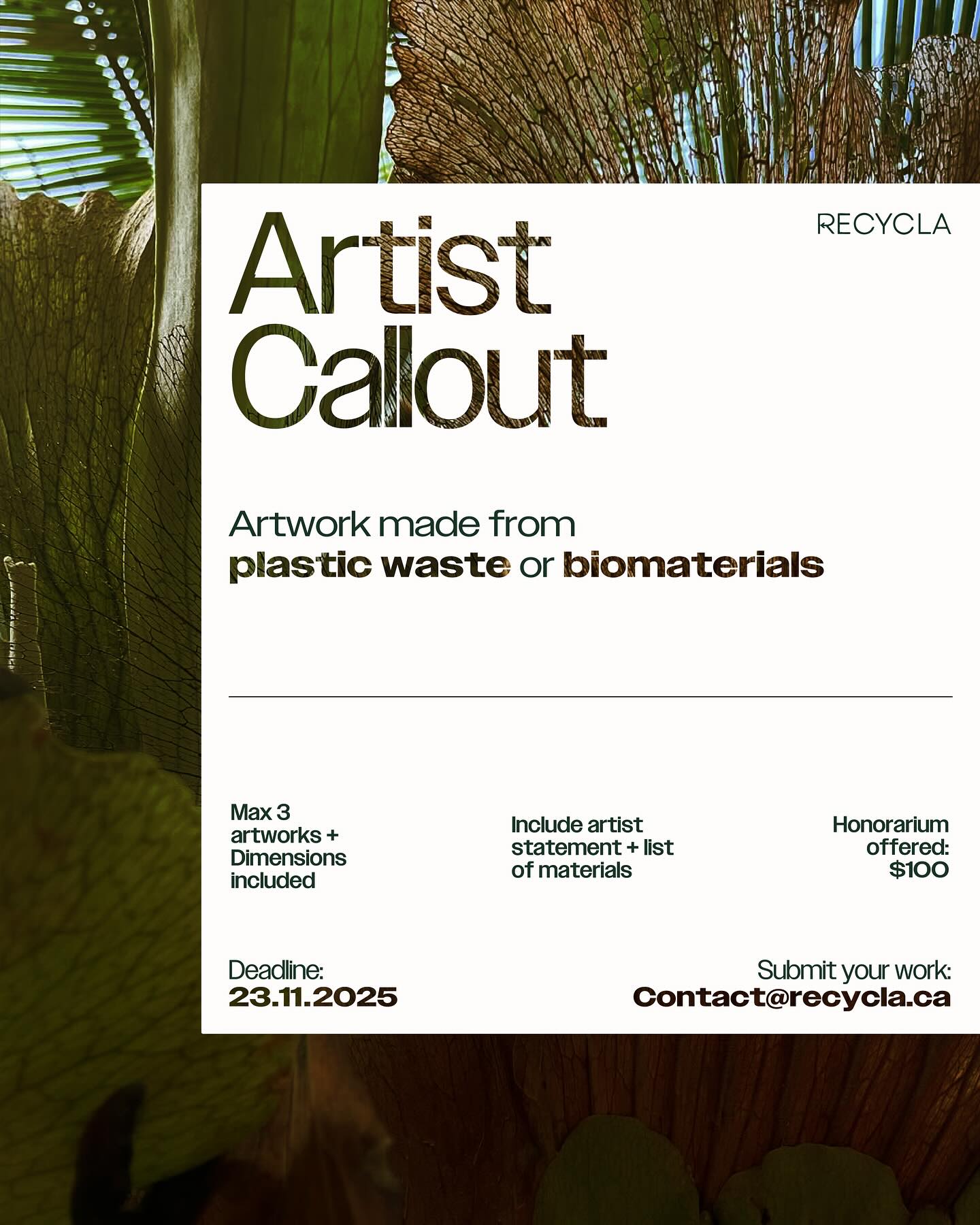 🎨 Appel aux artistes !
Vous créez avec des déchets plastiques ou des biomatériaux? 🌿
Exposez votre œuvre lors de « La vie en plastique n’est PAS fantastique » — un événement d’une journée le 13 décembre 2025 dédié à l’art, l’innovation et la durabilité 💫
🖼 Jusqu’à 3 œuvres à soumettre
💰 Cachet offert : 100 $
📩 Date limite : 23 novembre → contact@recycla.ca
_
🎨 Call for Artists!
Are you creating with plastic waste or biomaterials? 🌿
Your work could be featured at “Life in Plastics is NOT Fantastic” — a full-day event on Dec 13, 2025 celebrating art, innovation, and sustainability 💫
🖼 Submit up to 3 artworks
💰 $100 honorarium
📩 Deadline: Nov 23 → contact@recycla.ca
_
📸 by @bvx_yann
#artistcall #circularart #sustainableart #biomaterials #ecoart #montrealevents #plasticcrisis #LifeInPlasticsIsNotFantastic