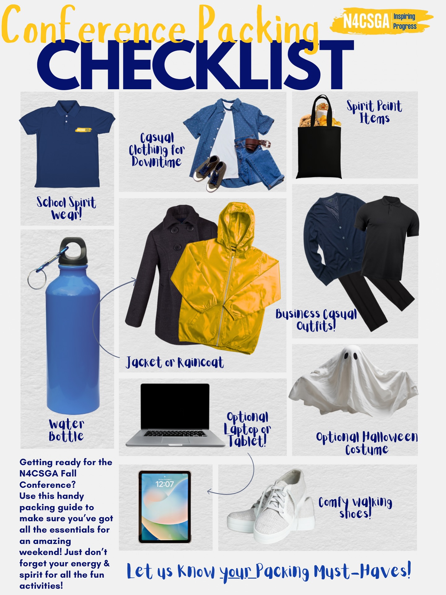 🎒4 Days from the N4CSGA Fall Conference! Have you started packing yet? From business casual outfits to school spirit wear, comfy shoes, and even an optional Halloween costume, we’ve got you covered.
👻What’s at the top of YOUR packing list? 💼📝
#n4csga #n4csgafallconference2025 #studentgovernment #conferenceready #studentleaders