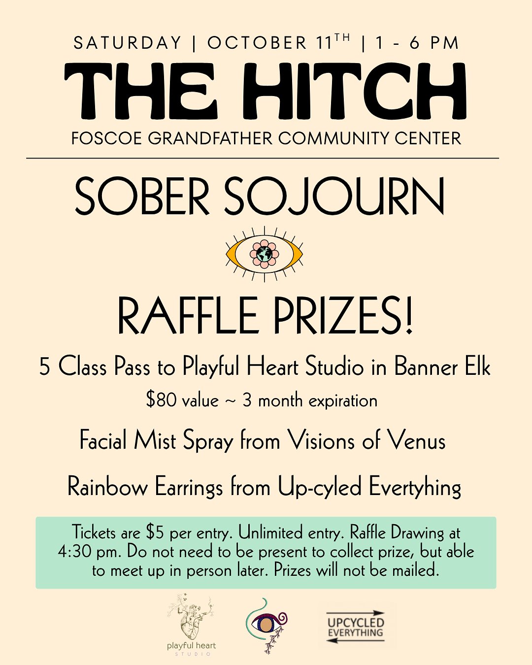 Sojourn’s booth raffle at The Hitch today at Foscoe Grandfather Community Center! 🎟️ $5 per ticket with unlimited entry. Drawing at 4:30 ~ you don’t need to be present but must be able to meet up in the Boone area, we will not be mailing prizes.
Prizes!!! 🍀
🪷 5 class pass to @playful_heart_studio ($80 value!!! 3 month expiration)
✨ Facial mist spray from @allisleighalchemy ($15.55 value!)
🌈 Rainbow earrings from @upcycledeverythingnc ($20 value!)
Lots of raffles today! I know @hamshoppe is having a raffle too! Vendor raffles are in addition to the main raffle at the soapbox tent put together by @downhomenc which will be drawn at 3pm & 5pm *must be present for those drawings.