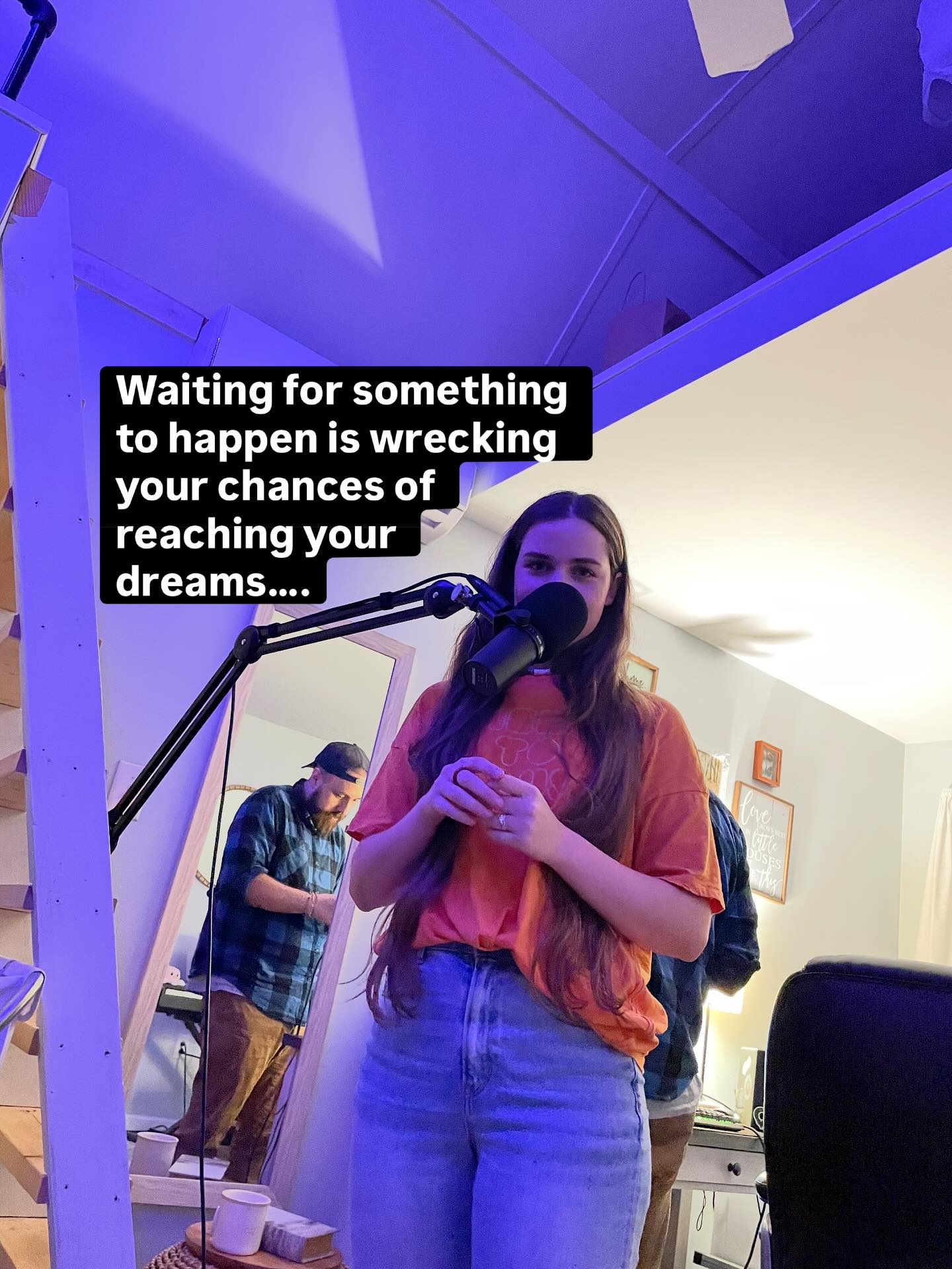It’s an illusion that you have to wait for things to happen. You CAN get things rolling ESPECIALLY with technology now!!! 
Waiting takes your energy and smashes it. Your attachment to your work gets more discouraged 😥
The more you get real with yourself about where you’re putting your energy and attention, the more you realize:
👉🏻The definition of “making it” changes
👉🏻 your chances of being happy and fulfilled go UP
👉🏻 the less you care what people think 
👉🏻 your confidence goes UP
And more. 
These pics from 2023 show me and my buddy that produced my debut Album, Colors 🙏🏼
It’s a disservice to the soul to hold onto your art. So we set up a little recording station in my tiny home and did the thing!! 
And take it from me, someone who was terrified to write music that people would dislike…..
It IS POSSIBLE to get to the point where you don’t care and feel RELIEVED to let go of your work into the world.
We just have to put in a little work.
I do this through the nervous system with my students, and it’s been successful every time 🤯
So take it to heart, and focus on YOU and the love you have for your passion..
You art loves you too, so don’t forsake it.