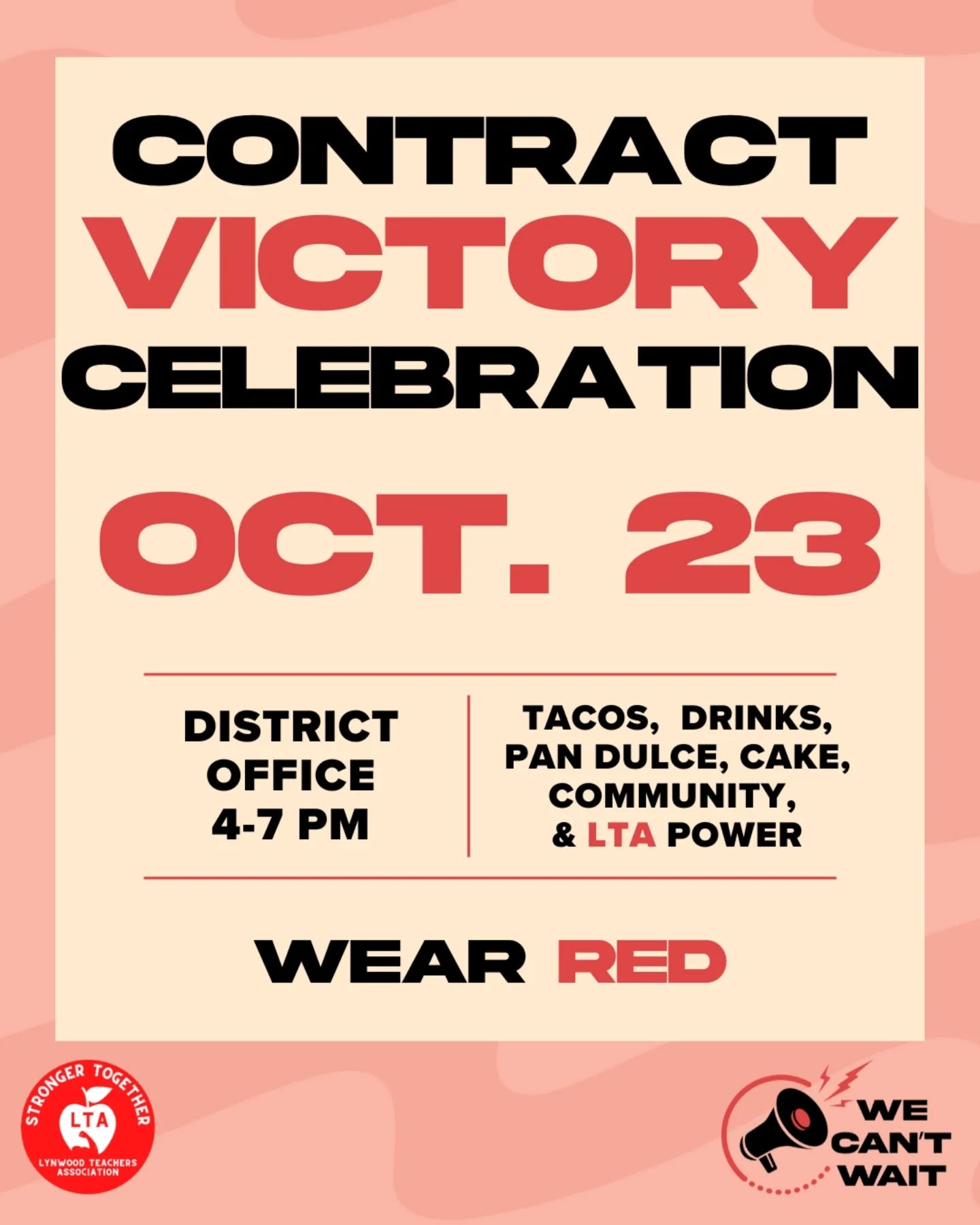 Members, mark your calendars! 🗓️ We will be holding a 𝐂𝐨𝐧𝐭𝐫𝐚𝐜𝐭 𝐕𝐢𝐜𝐭𝐨𝐫𝐲 𝐂𝐞𝐥𝐞𝐛𝐫𝐚𝐭𝐢𝐨𝐧 and 𝘠𝘖𝘜 are invited! Come join us for an afternoon of food, drinks, community, and 𝐋𝐓𝐀 power! RSVP to attend. See you then! #StrongerTogether #WeAreCTA ✊