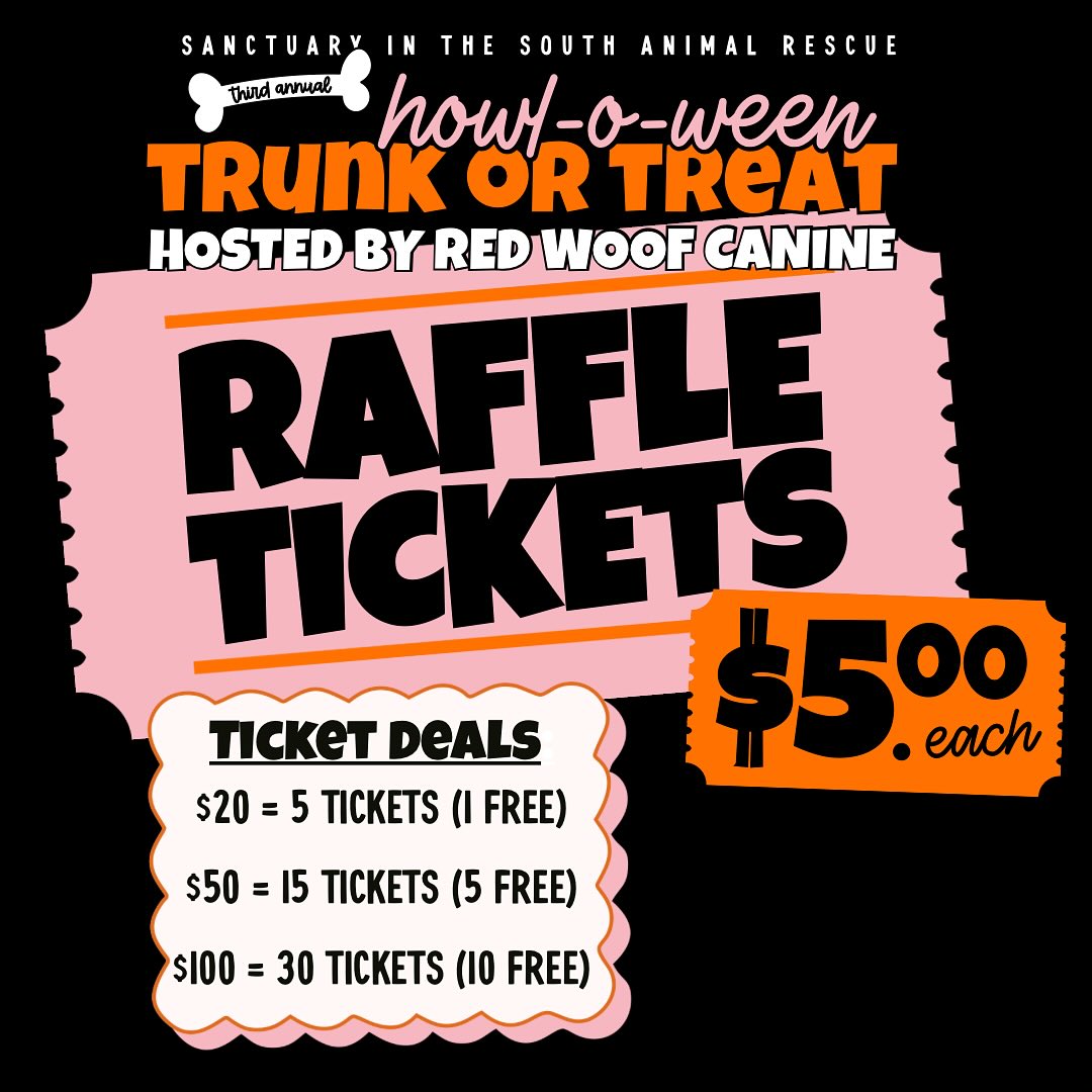 🎟️🐾 WAFFLE TICKET SALES ARE OFFICIALLY OPEN! 🐾🎟️
It’s that time of year again — our annual Trunk or Treat Waffle Fundraiser is LIVE starting today through October 25th! 🎃
We have some amazing baskets donated by the most generous people in our community, and every single ticket helps us continue saving dogs through Sanctuary in the South Animal Rescue ❤️
✨ Ticket Prices:
$5 per tickets!
✨Tickets Deals:
$20 = 5 tickets
$50 = 15 tickets
$100 = 30 tickets
You can purchase tickets online or in person at Red Woof Canine or Adventure Pups!
If buying online, please include your name + phone number in the notes so we can fill out your tickets for you.
💰 Payment Options:
• Venmo: @sanctuaryinthesouth
• CashApp: $SITSouth
• PayPal: paypal.me/pcspups
You do NOT have to be present to win! 🐶
Last year, you helped us raise over $8,000 for dogs in need — let’s beat that this year! 💪❤️
#SanctuaryInTheSouth #RedWoofCanine #WaffleFundraiser #RescueDogs #DogRescue #SupportLocal #TrunkOrTreat #FundraiserForACause