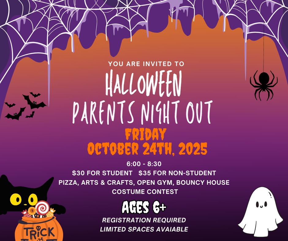 We've got a Parents Night out in two weeks. Sign up is required ✅ Send us an Email or Message on the parent portal to sign up! Our Open Gym nights include Arts & Crafts, Movement Games, Pizza, Open Gym time, and Bouncy House. This night will be a costume contest and lots of games and candy prizes!