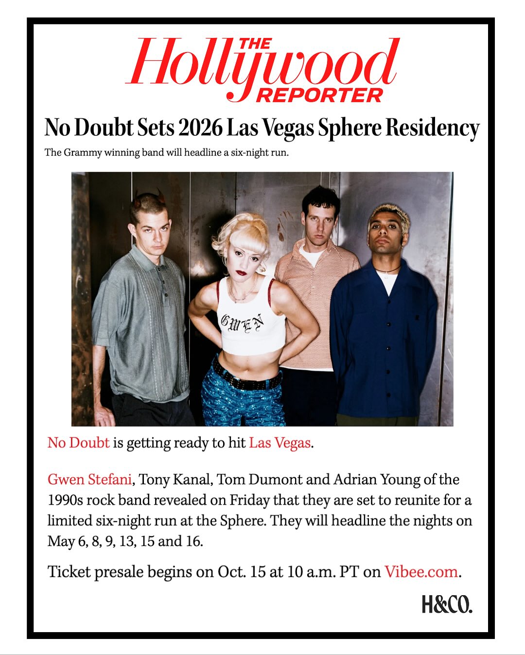 No Doubt...this is going to be EPIC 🌟 Of course, @vibeepresents is involved in this nostalgic Sphere takeover, offering VIP Hotel and Concert Experience packages, so whether you’re just a girl, or just a superfan, this is your chance to see No Doubt like never before. Find more info on vibee.com 🕺