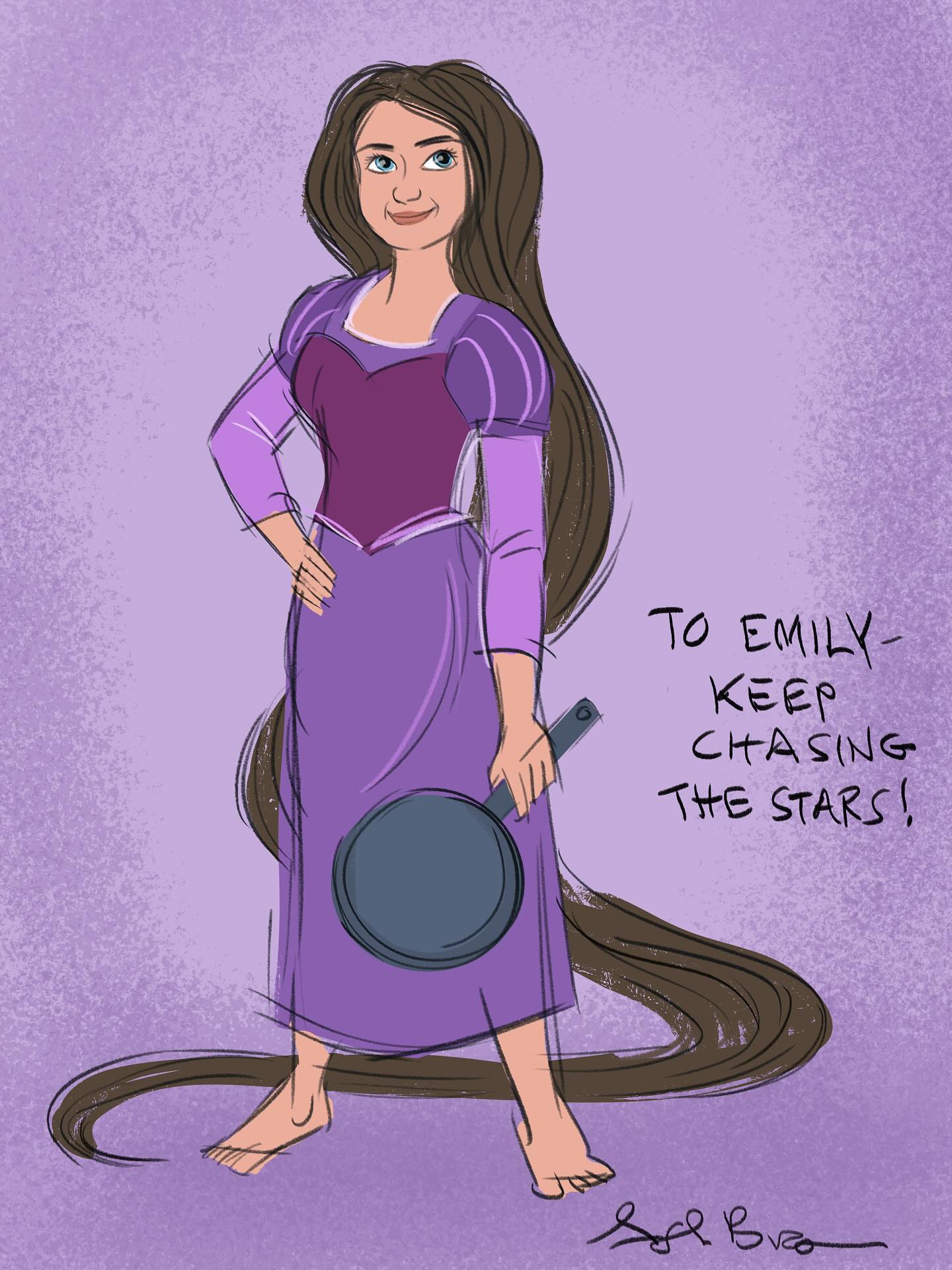 A real Disney animator, artist, and director drew me as a princess 👑💕
I was picked on for loving Disney and knowing all of the songs growing up. It wasn’t cool for a teenager to still love Disney stuff back then, even as a performer(!!)🙃
As a performer, I was always put in the princess box. My NYU professors even insisted that I sing a Disney song for my masters showcase 😂
For a while, I resented it. I didnt like feeling limited… but didn’t realize that the reason I ran from this was because I felt silenced and suppressed on a deep level…
I was running from ME
So being called a “princess”, something I was picked on for growing up, made me feel small, cringey, and weak (I still loved Disney)
The fire In my soul was ready to burn and be SEEN!! 
BUT I went on a personal journey to heal and love myself, and discovered that
💖 bullies are projecting their own insecurities
💖 being really good at something doesn’t mean you are limited to only that
💖 princesses aren’t weak lol duh and neither am I! 
💖 softness and kindness is a strength
💖 If suppressed, our inner fire will burn US OUT
💖 the cliché and “simple” can hit the deepest
So it’s an AMAZING full circle moment to 
👉🏻be sent this drawing out of the blue by a real Disney animator 🥰🥰
👉🏻 and to realize the WHOLE theme of my work is around empowering people to chase the stars and honor their own strength. Just like a Disney princess 😂😂😂
I love the way a classic Disney story captures the deepest desires of a soul, and transforms them into who they ARE MEANT TO BE an no one else!! That’s what I want to facilitate as a teacher and artist.
When we learn to honor ourselves and “chase the stars”, the stars honor and chase us too ❤️
Xo,
Emily 💕
Thanks to my friend David, former imagineer for asking his friend, Ash Brannon, to make this for me!