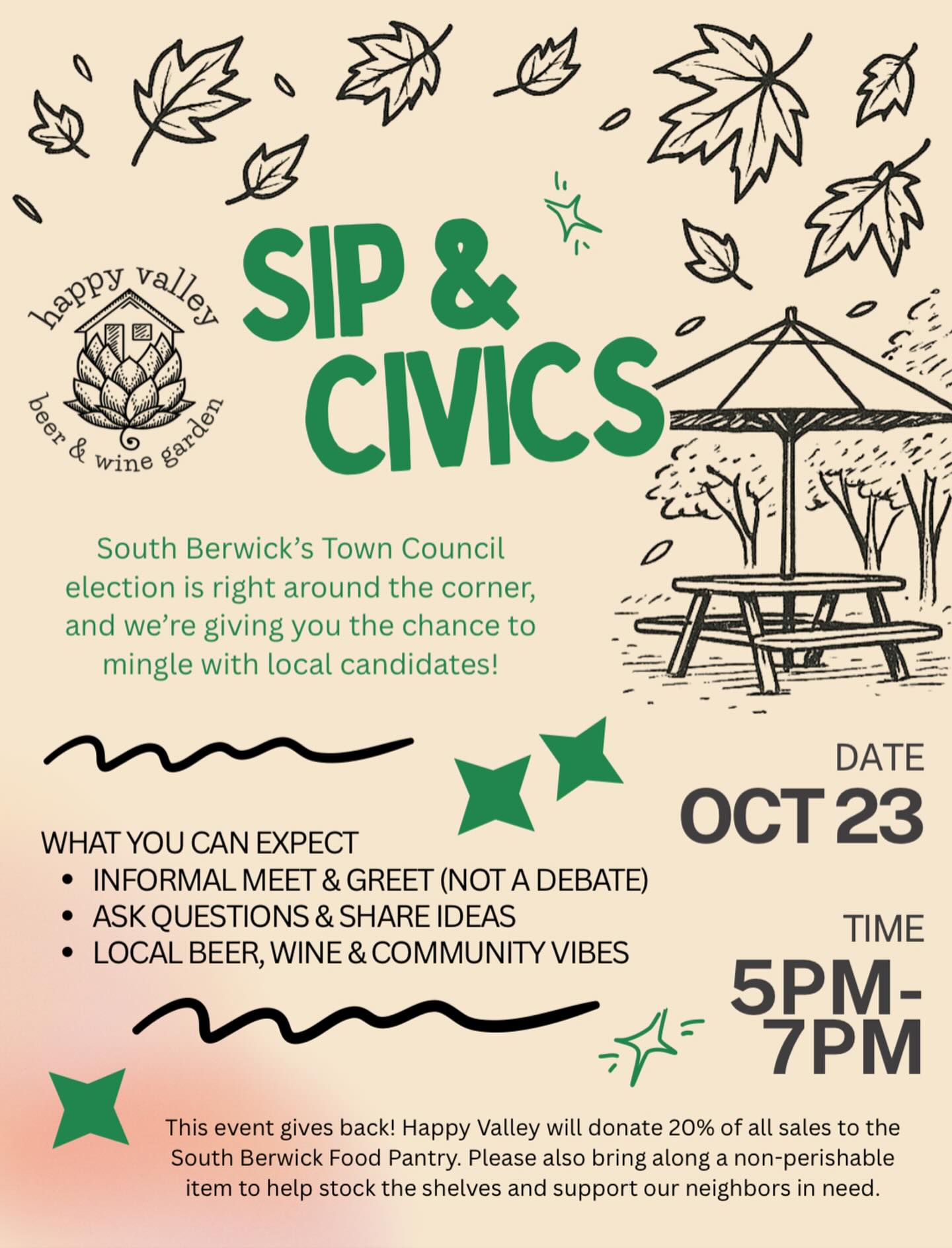 Curious about whoās running for Town Council? Join us Thursday, October 23rd from 5ā7PM for a casual meet & mingle with some of South Berwickās local candidates.
Weāll be donating 20% of all sales that evening to the South Berwick Food Pantry, and weāre also encouraging everyone to bring a few non-perishable items.
Itās an easygoing night for civic engagement, good conversations, and good beer. The more, the merrier.
Come get involved!
.
.
.
#southberwickme #southberwick #southberwickmaine
#civicduty #localelections #getoutthevote