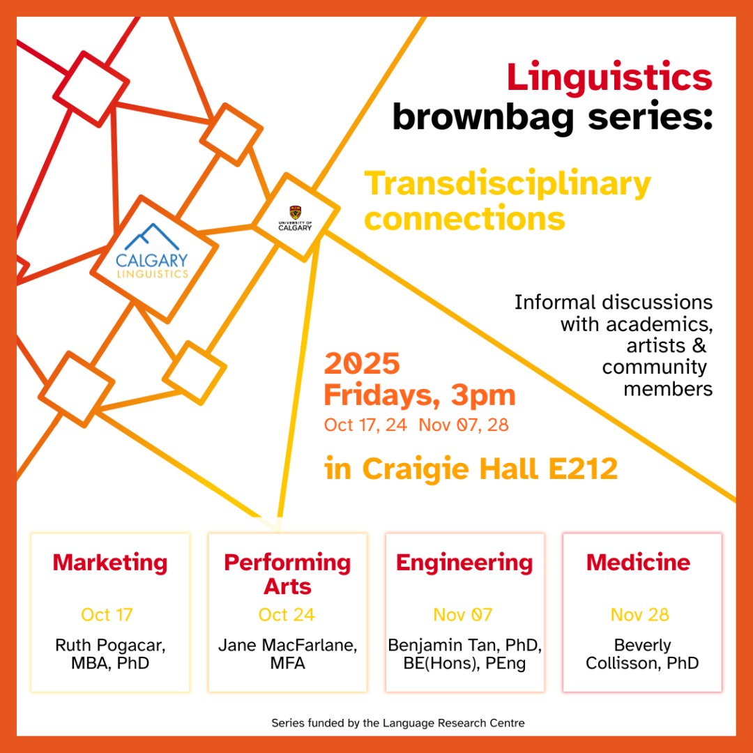 Our NEW event, the Linguistics Brownbag Series, starts this Friday! 👏
Friday, Oct 17 | 3pm | CHE 212
During this series, we will explore transdisciplinary connections with Linguistics!
This week, we will discuss Marketing with Dr. Ruth Pogacar from Haskayne School of Business.