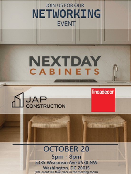 Join us for an exciting networking event this upcoming Monday Nov 20 5pm-8pm hosted by our sponsor, @japconstructionllc1 and Lineadecor.
Monday Oct 20th 5pm-8pm, Free
5335 Wisc Ave #530 (Friendship Heights)
*Send us a DM us to confirm attendance*
#latinosinarchitecture #latinodesigners #latinoarchitects #dcarchitects #dcdesigners #lineadecor #kitchencabinetry #japconstruction