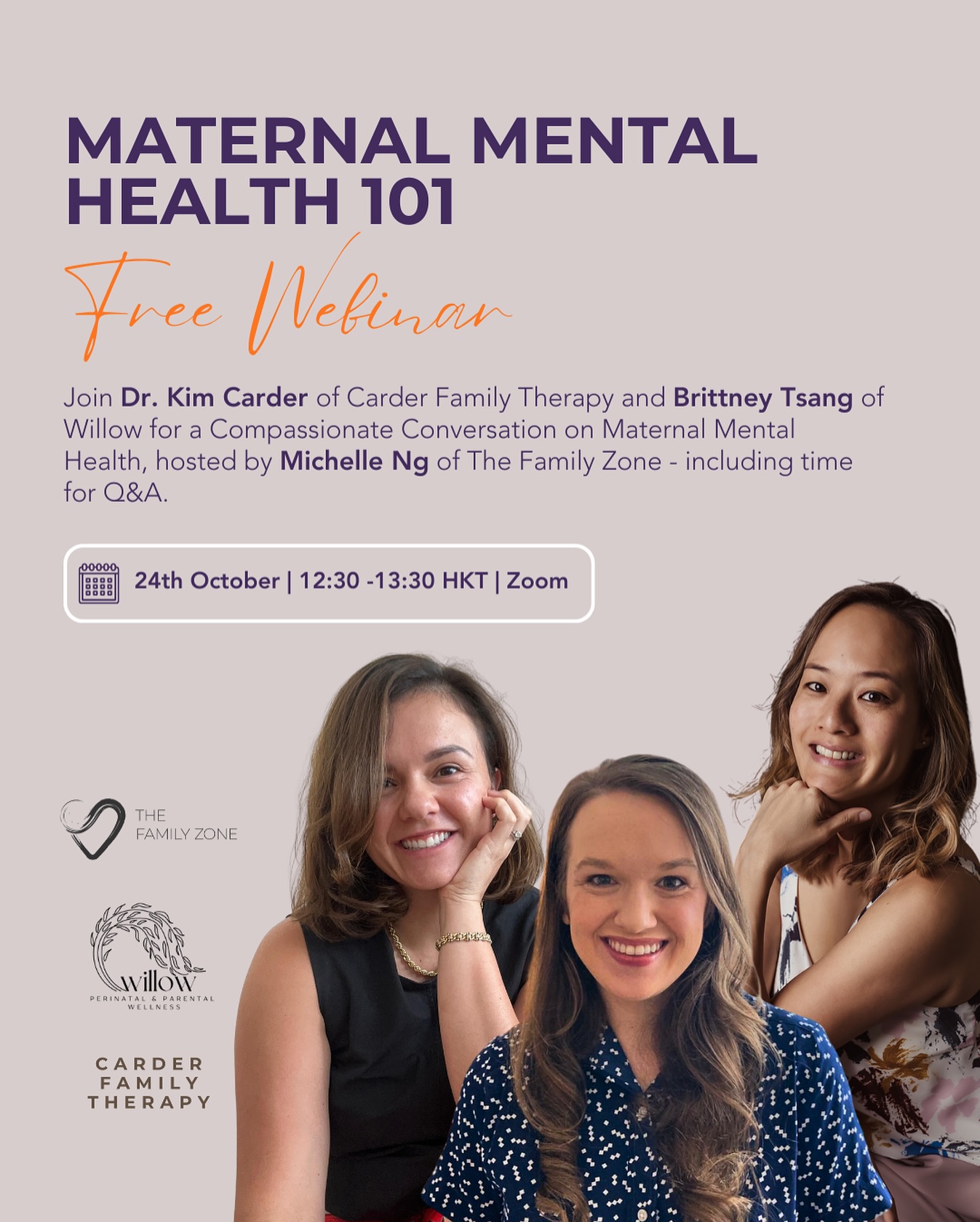 You’re Not Alone: A Compassionate Conversation on Maternal Mental Health 💛
Join @drkimcarder and Brittany Tsang of @willow.support hosted by Dr. Michelle Ng of @thefamilyzonehk for a heartfelt discussion on the emotional, psychological and mental shifts of motherhood.
Topics include:
Understanding matrescence – the transition into motherhood
Common mental health challenges new mothers face
Strategies for self-care and emotional resilience
How to seek support for maternal mental health
Open Q&A session to answer questions
📅 24th October
⏰ 12:30 – 13:30 HKT
💻 Zoom
The journey of motherhood is easier when we share it 🌸
Link in bio to RSVP 💌
#matrescence #maternalmentalhealth #motherhoodjourney #mentalhealthmatters #newmoms #yourenotalone #drkimcarder #carderfamilytherapy #willowsupport #thefamilyzonehk