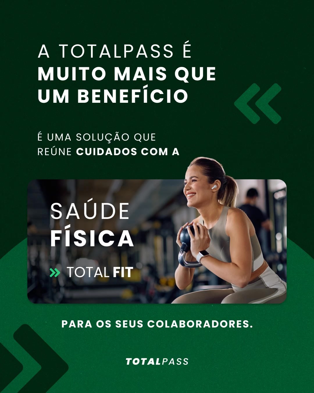 Em uma única mensalidade, os seus colaboradores podem ter acesso a milhares de academias, mais de 250 modalidades, terapia on-line, áudios de meditação, plano alimentar personalizado e muito mais!
Por isso, se você deseja levar saúde integrada à sua equipe, ofereça o benefício TotalPass! 💚