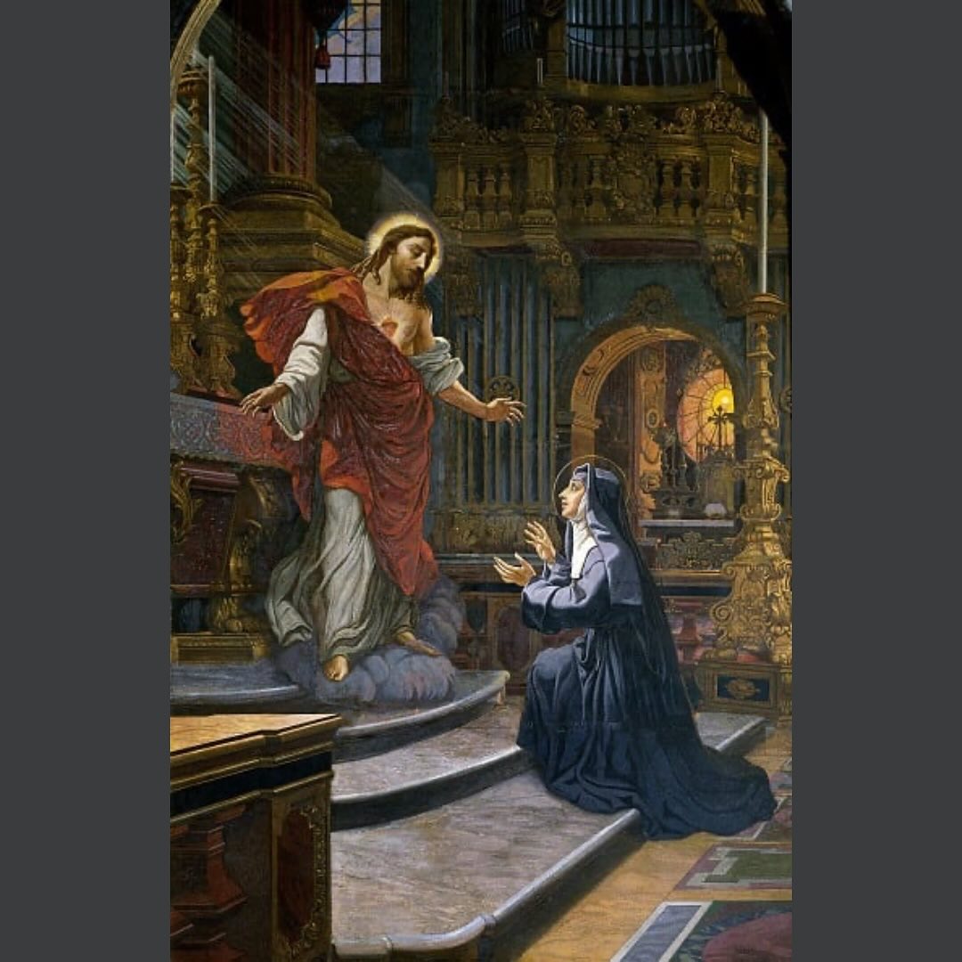 Many do not know this, but Saint Margaret Mary is the reason why the Catholic Church has a large devotion to the Sacred Heart of Jesus. Saint Margaret Mary was a nun of the Visitation order from the age of 24, being fully dedicated to the Lord as His spouse. She lived a simple, plain and humble life until the Lord decided that she must take up a special task. From December 1973-1975 she had several revelations and visions of Jesus Christ with a very special message: the importance of His Sacred Heart.
The saint described the vision of the Sacred Heart as: “The Divine Heart was presented to me in a throne of flames, more resplendent than a sun, transparent as crystal, with this adorable wound.” By her own love Margaret Mary was to make up for the coldness and ingratitude of the world—by frequent and loving Holy Communion, especially on the first Friday of each month, and by an hour’s vigil of prayer every Thursday night in memory of his agony and isolation in Gethsemane.
•
Image: Jesus Appearing to Saint Margaret Mary Alacoque, Carlo Muccioli, 1919-1920. Altar of the Sacred Heart, Saint Peter’s Basilica, Vatican City.
•
•
#beauty #sacredart #art #adportacaeli #catholic #catholiclifestyle #prayer #faith #truegoodandbeautiful #catholicart #catholicconvert #arthistory #religious #sacredheart #visionary #ecstasy #jesus #saints #saintmargaretmaryalacoque #saintmargaretmary #margaret #mary #alacoque #divineheart #saintpeters #vatican #italy #carlomuccioli #muccioli