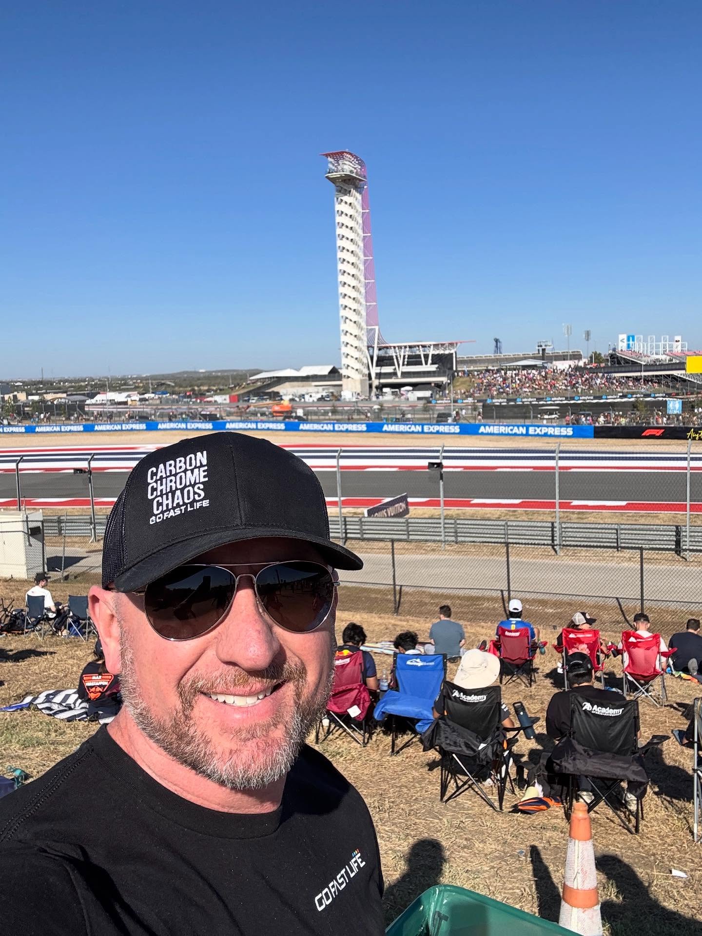 RACE DAY! This is an awesome circuit. GA this time vs Hard Rock Cabana in Miami but we came prepared and everything is close by and lots of options for food and drinks and best of all the views from the hillside seating areas are great. Expecting a crowd of 400k!!! USA represents for #f1 @gofastlife6 #carbonchromechaos #gofast #gofastlife