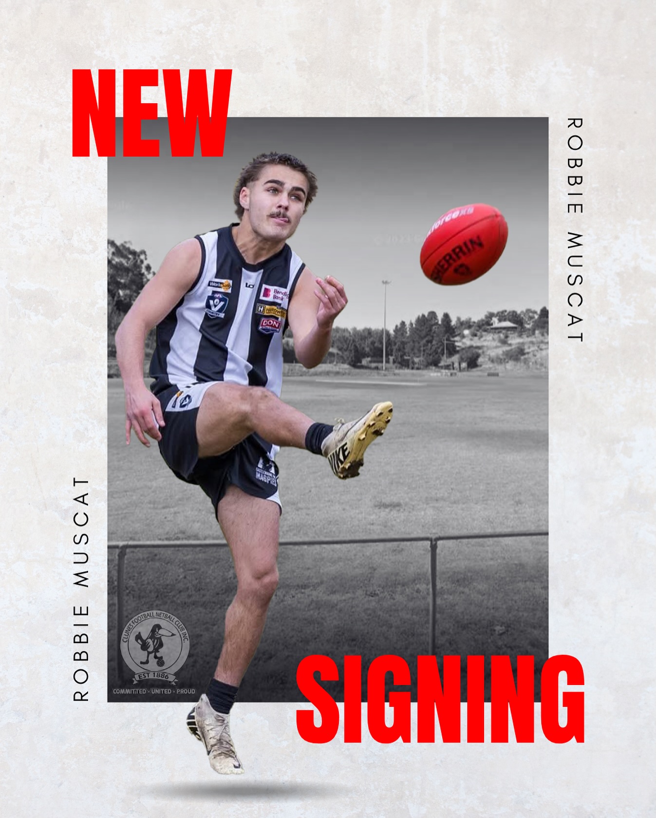 🚨NEW SIGNING ALERT 🚨
The Clunes Football Netball Club is thrilled to welcome Robbie Muscat to the Magpies for the 2026 season!
The electric small forward, making the move from Castlemaine in the Bendigo Football League, is no stranger to hitting the scoreboard - booting an incredible 89 goals in a single season and another 24 goals as an underage U18 player in the Bendigo League.
In recent years, Robbie has showcased his versatility, spending more time up the ground as a damaging half-forward and midfielder, with speed, agility and flair defining his game.
Off the field, Robbie’s a top bloke and already mates with several of the Clunes boys.
We can’t wait to see some Robbie Muscat magic next season - freak goals, big celebrations and plenty of excitement in the Clunes forward line!
Welcome to the Nest 🖤🤍