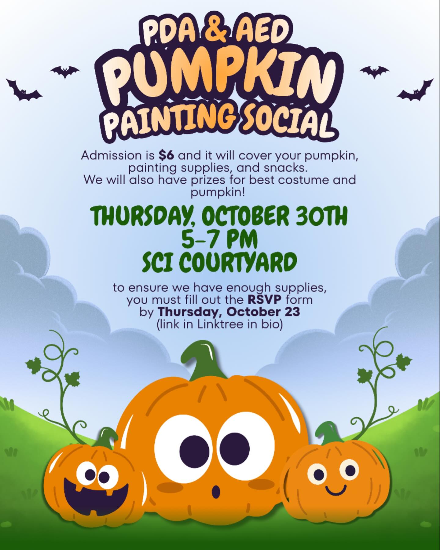 Join us for our annual Pumpkin Painting Social with @aedatutd ! 🎃
The $6 admission will cover your pumpkin, painting supplies, and snacks. We will also be giving out prizes to the best pumpkin and costume 🏆
If you come with your mentor-mentee group, you can earn the extra mentor-mentee social hour‼️
🚨Please fill out the RSVP form found in our Linktree in our bio by Thursday, October 23rd so we can ensure we have enough supplies for you🚨
📅 Date: Thursday, October 30th
⏰ Time: 5:00 PM – 7:00 PM
📍 Location: SCI Courtyard