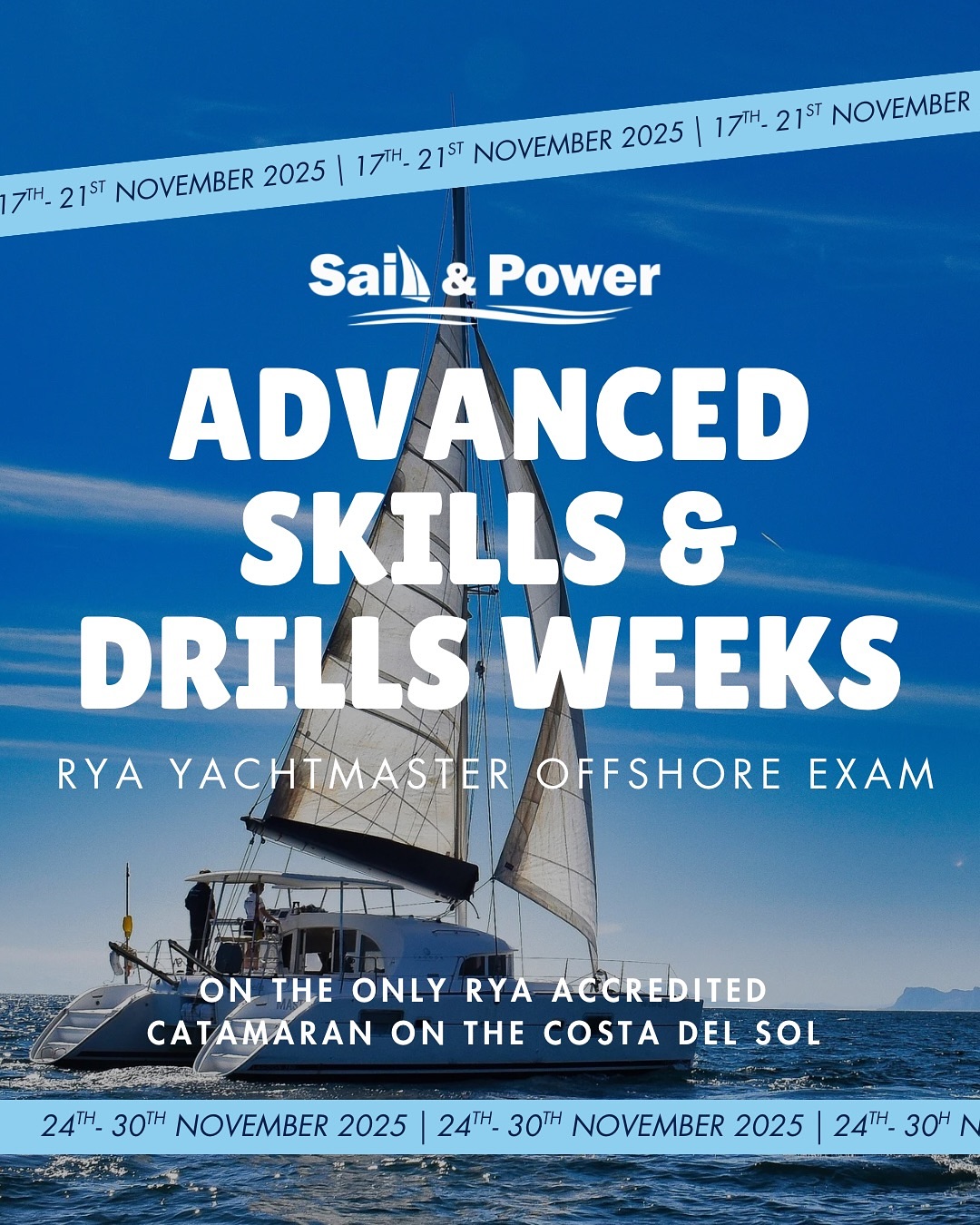 Take your sailing to the next level with our Advanced Skills & Drills Weeks 🌊
Five days of hands-on training aboard our Lagoon 380 catamaran, designed to build confidence, sharpen decision-making, and prepare you for the RYA Yachtmaster Offshore Exam.
Train hard, learn fast, and sail like a pro - whether you’re taking the exam or just levelling up your skills.
🗓️ Next courses: 17th-21st Nov & 24–27th Nov 2025
🗓️ Yachtmaster Offshore Exam: 29th-30th Nov 2025
📞 +34 621 08 97 85
📨info@sailandpower.es
🌐www.sailandpoweracademy.es
#sailandpower #training #sailingspain #sailingtaster #yachtmasterexam #dayskipper #yachtmaster #ryayachtmaster #sailing #skippercourse #catamaransailing #catamarans #yachtmasteroffshore #taster #catamarancourses #skillsanddrills #lifeatsea #yachtlife #boating #sailor #advancedskills #esteponaport #puertoestepona #learntosail #skipper #course #sailingschool #marbella #estepona #esteponaspain