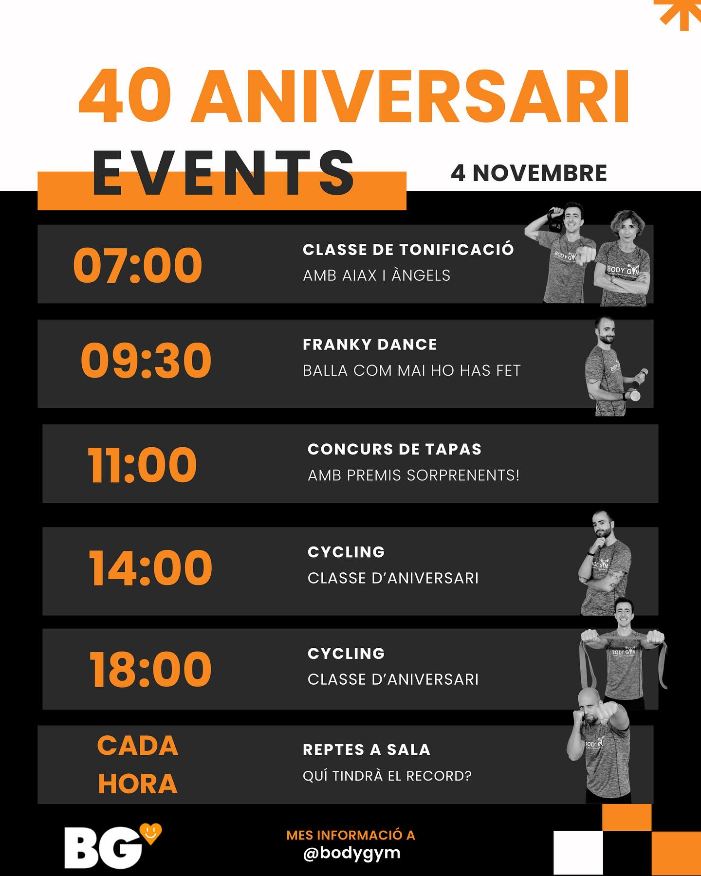 🎉 Celebrem 40 anys amb tu! 🎉
Aquest any, a BodyGym, fem 40 anys d’energia, salut i esport 💪 Des del 1985 que compartim amb vosaltres aquesta passió pel fitness!
📅 El 4 de novembre celebrarem el nostre 40è aniversari amb una jornada plena d’activitats, classes especials i premis sorprenents! 🎁
Vine a entrenar, a divertir-te i a brindar amb nosaltres per molts anys més de força i benestar! 🥳
#BodyGym40Anys #DesDe1985 #AniversariBodyGym #Fitness #Salut #Esport #Celebració #BodyGymFamily