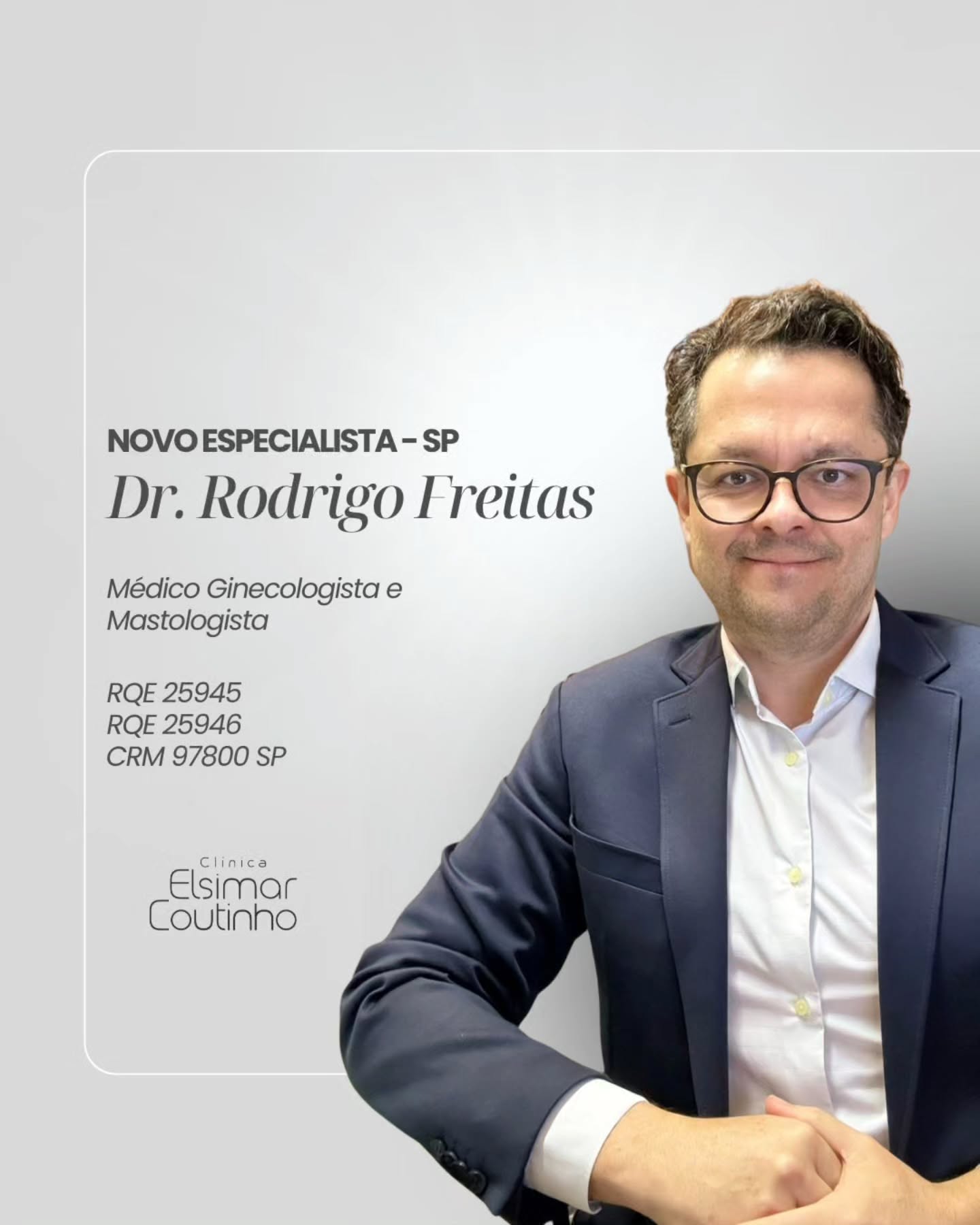 A Clínica Elsimar Coutinho tem a honra de receber o Dr. Rodrigo Freitas (CRM 97800), que assume o nosso serviço de Mastologia.
Com uma trajetória sólida e de excelência:
Mastologista pela Santa Casa de SP e Sociedade Brasileira de Mastologia.
Especialista em Ginecologia e Obstetrícia pela Santa Casa de SP e FEBRASGO.
Ele chega para somar à nossa equipe, oferecendo um cuidado completo e especializado na saúde da mulher e da mama.
Agende sua consulta e cuide da sua saúde com quem é referência!
#Mastologia #SaúdedaMama #Ginecologia #ClínicaElsimarCoutinho