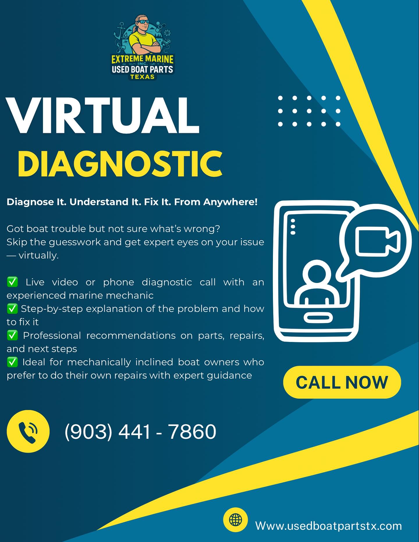 🚤🤳Boat acting up? Let’s fix it — virtually!
Skip the haul-in! With Extreme Marine’s Virtual Diagnostics, our master marine mechanic will hop on a live video call, diagnose your issue, and walk you through the repair step-by-step. Perfect for DIY boat owners who want expert guidance without leaving the dock! ⚙️
📞 Call/Text: 903-441-7860 to schedule your call now!
🌐 www.usedboatpartstx.com
📸 @ExtremeMarineTX
“Fast. Easy. Done — the Extreme Marine way.” 🔧🌊