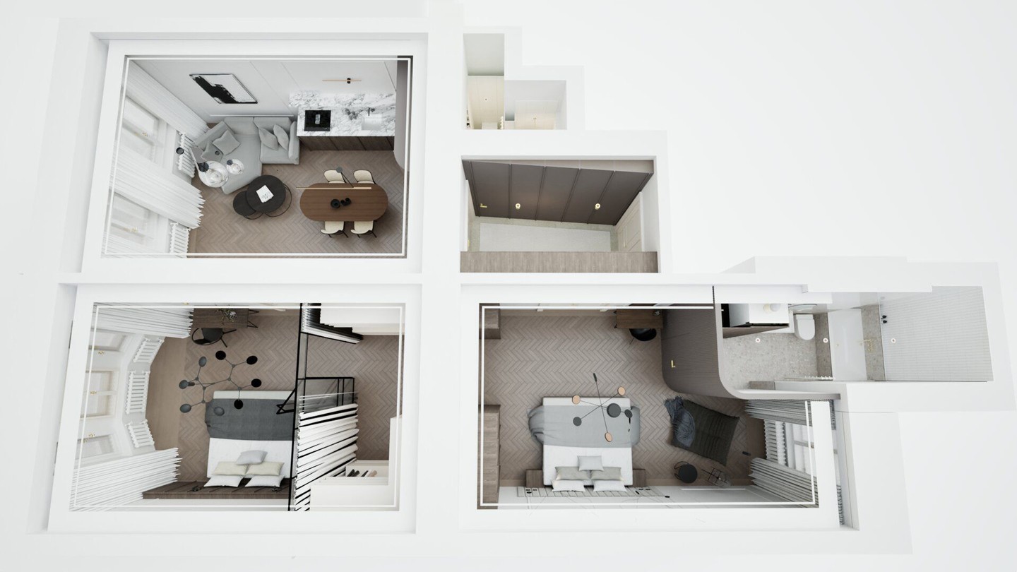 In this renovation of a historic apartment, our client asked for a modern interior that respects the original architecture while introducing contemporary comfort.
The design balances tradition and function through clean geometry, refined materials, and natural light.
Warm timber, soft tones and marble surfaces form a timeless palette that complements the classic proportions of the space.
Every detail was considered — not to compete with history, but to let it breathe.
Stay tuned for the full set of renders very soon!