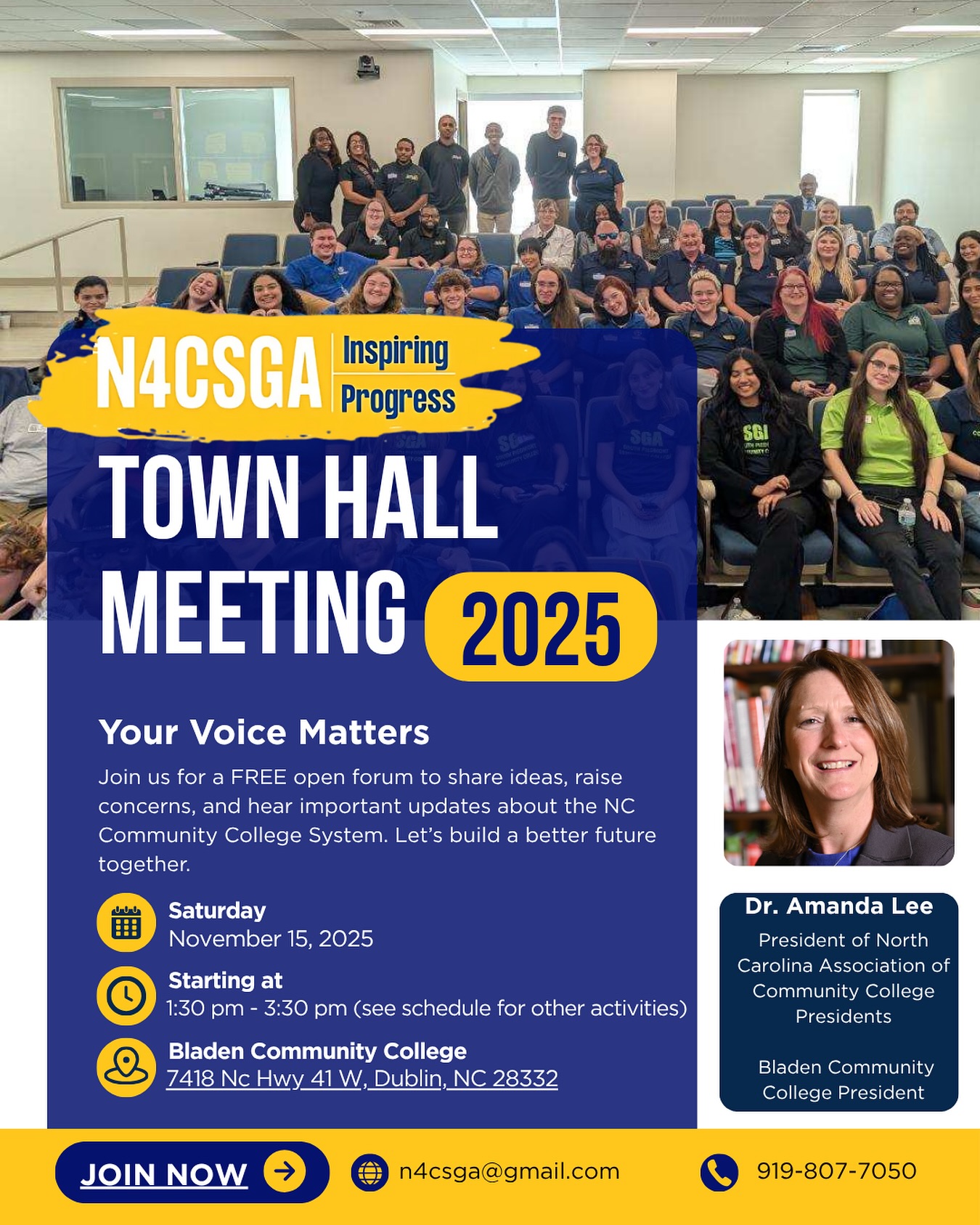 Join us for the 2025 N4CSGA Town Hall Meeting! This is an open forum where students can share ideas, raise concerns, and hear key updates about the NC Community College System. 🗣️💡
🗓️ Saturday, November 15, 2025
📍 Bladen Community College
🕐 1:30 PM – 3:30 PM
Let’s come together to inspire progress and shape the future of our community colleges! 💙💛
#N4CSGA #InspiringProgress #TownHallMeeting #NCCommunityColleges #StudentVoicesMatter