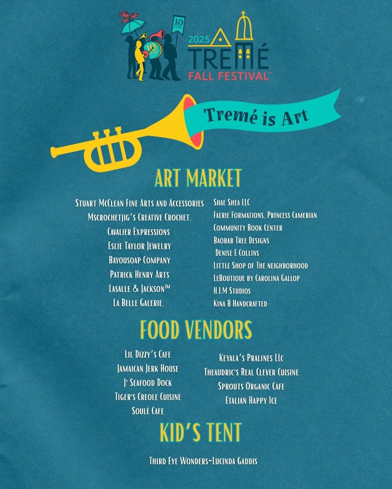 Plan your visit to the Treme Fall Fest this Saturday, October 25th!
We’re celebrating 10 years of Treme Fall Fest and you won’t want to miss our lineup of local art market and food vendors bringing the soul of New Orleans creativity to life.
From handcrafted jewelry and bold art pieces to unique clothing, accessories, and more, this is your chance to discover and support the incredible local talent that makes our community shine.
And don’t forget we are kid-friendly so bring the whole family.
Support local. Shop small. Celebrate culture.
#TremeFallFest #ShopLocalNOLA #SupportLocalArtists #NewOrleansCulture #TremeArtMarket #10YearsOfTreme #BlackExcellenceInArt #NOLAMade #locallove