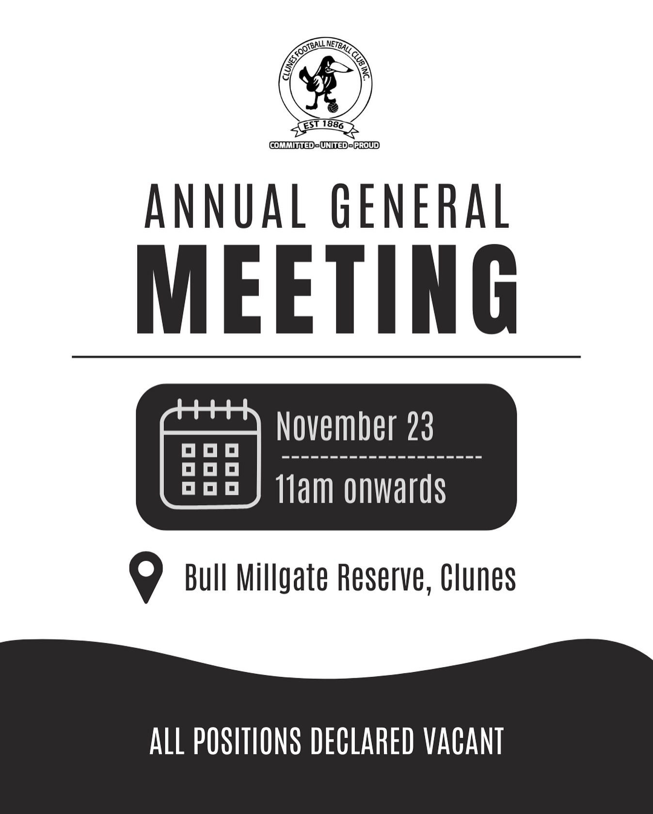 It’s that time of year again! 🏉🏐
The Clunes FNC AGM is on Sunday Nov 23 at 11am at the clubrooms.
All positions are declared vacant, so if you’ve been thinking about getting involved, now’s the perfect time!
Everyone’s welcome and encouraged to come along and help shape the 2025 season. We need to see some new faces helping out around the club!! ⚫️⚪️