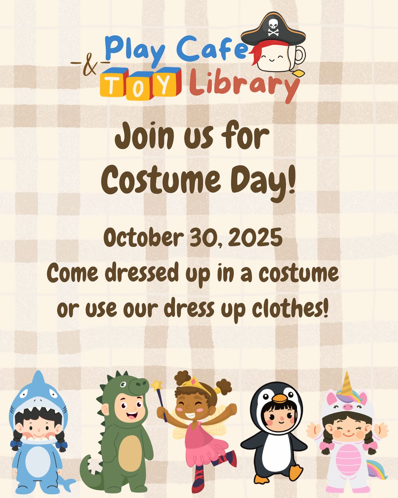 Families! Join us next Thursday for Play Cafe & Toy Library: Costume Edition! Have a costume picked out for this year? Or an all time favourite? Let’s make Play Cafe a little extra special by showing them off! Don’t have a costume? No worries, we have lots available to wear!