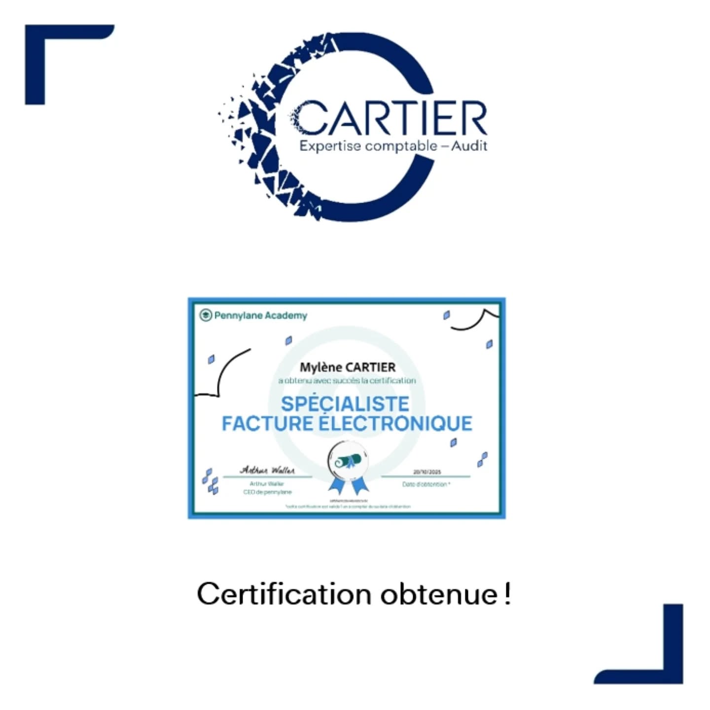 🎓 Certification "Spécialiste facture électronique" de Pennylane obtenue !
Cette étape importante met en avant les connaissances acquises sur :
📅 Le calendrier
👥️ Les structures et opérations concernées
✅️ L’importance de la Plateforme Agréée (PA)
↔️ Le recours à la cartographie des flux
💙 Le rôle indispensable de l’expert-comptable
TO DO : Accompagner les clients du cabinet CARTIER dans le défi stratégique et opérationnel de la facture électronique
#CertificationPennylane #FactureElectronique