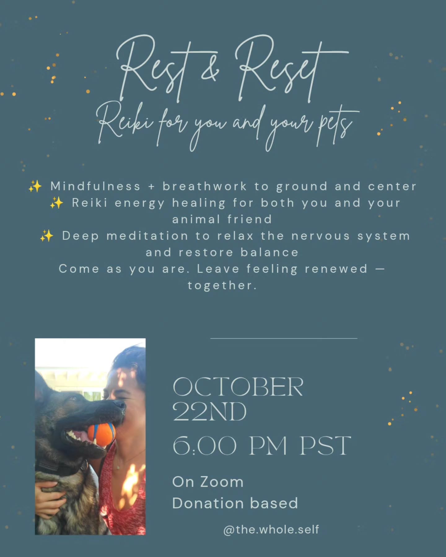Join us on Wed 10/22 at 6pm PST! Learn about Reiki and how it can support you and your pet's healing, nervous system and overall well-being!
Invite a friend, all are welcome, registration link @the.whole.self bio🙏
This will be a shorter gathering, for about 40 minutes. 🐶🐈⬛🤗
#whatisreiki #reikihealing #energyhealing #mindbodysoulbalance #wellnesspractices #feelbetter