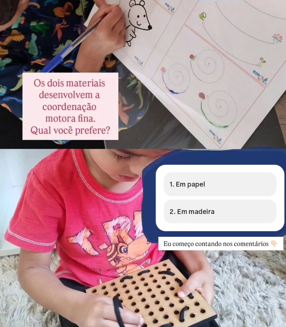 Você prefere materiais em madeira ou em papel para desenvolver a coordenação motora fina?
Eu começo contando nos comentários 👇🏻