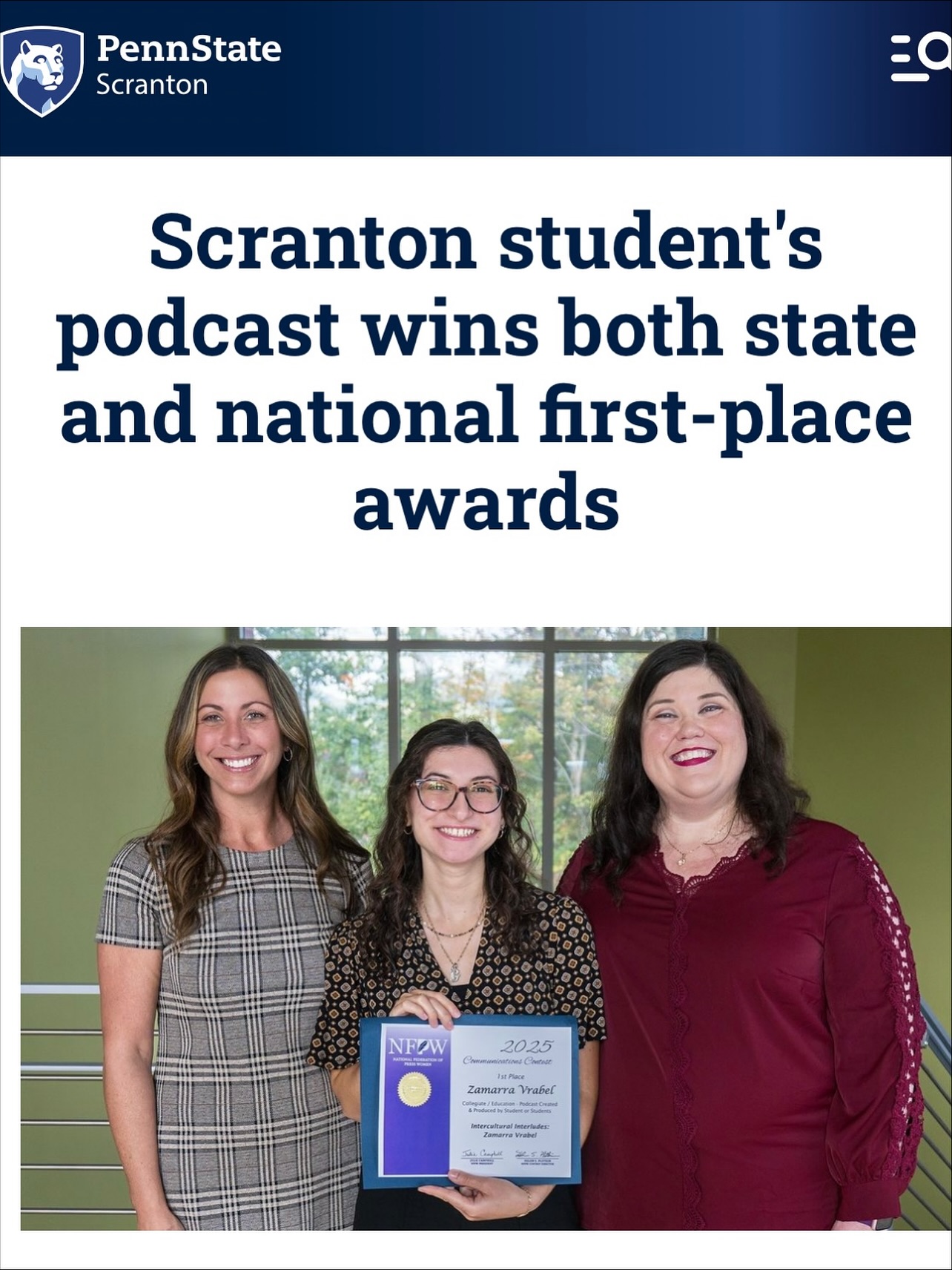 🎉 So proud of Zamarra, @zamroepep ! Her podcast “Culture — Little Pieces of You: A Strong Foundation and a Constant Journey,” just took 1st place in both the state and national contests, such an amazing milestone. 🏆💫
From a class assignment to national recognition at the National Federation of Press Women and the Pennsylvania Press Club, she has shown the power of storytelling, identity and dedication.
Congrats on this well-earned win! Can’t wait to see what you conquer next. 👏✨
Read full article here: https://scranton.psu.edu/story/28826/2025/10/21/scranton-students-podcast-wins-both-state-and-national-first-place-awards
#proud #podcast #achievement #nextlevel @pennstatescranton @pennstate