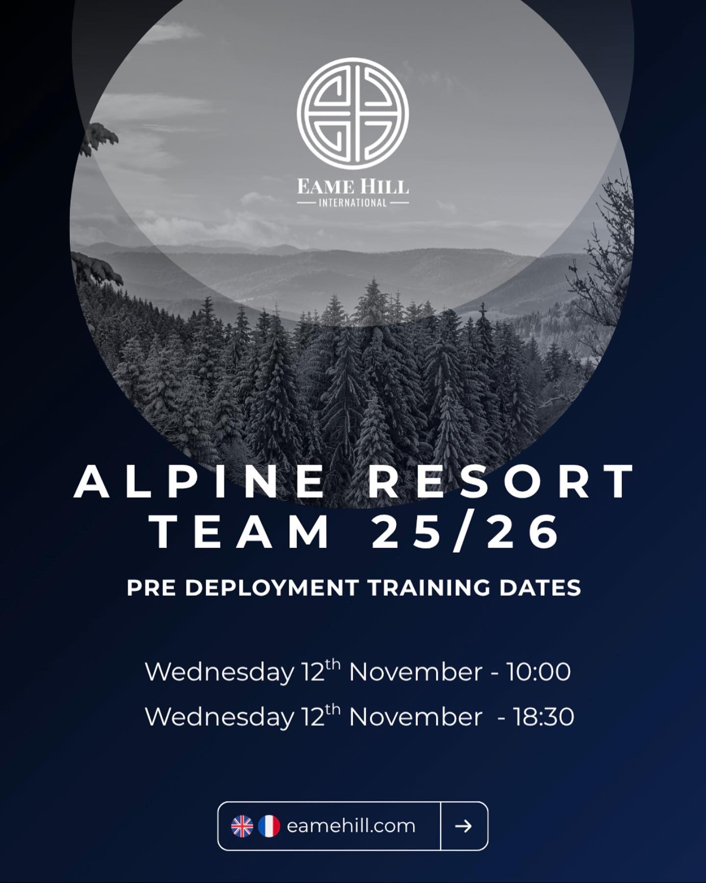 🎓 Pre-Deployment Training – Winter 25/26 ❄️
As we prepare for the upcoming Winter season, our Pre-Deployment Training will be hosted on Wednesday 12th November, with two sessions available to ensure everyone can attend:
🕙 Morning: 10:00 (GMT)
🌙 Evening: 18:30 (GMT)
This essential briefing will cover key operational updates, expectations for the Alpine Resort Team 25/26, and important information ahead of deployment. Attendance is mandatory for all confirmed operatives.
Preparation is where great seasons begin.
One Team. Many Peaks. 🗻
#eamehillinternational #alpineresortteam #predeployment #winterroles #training #eventsafety #operations #crowdmanagement #winterseason