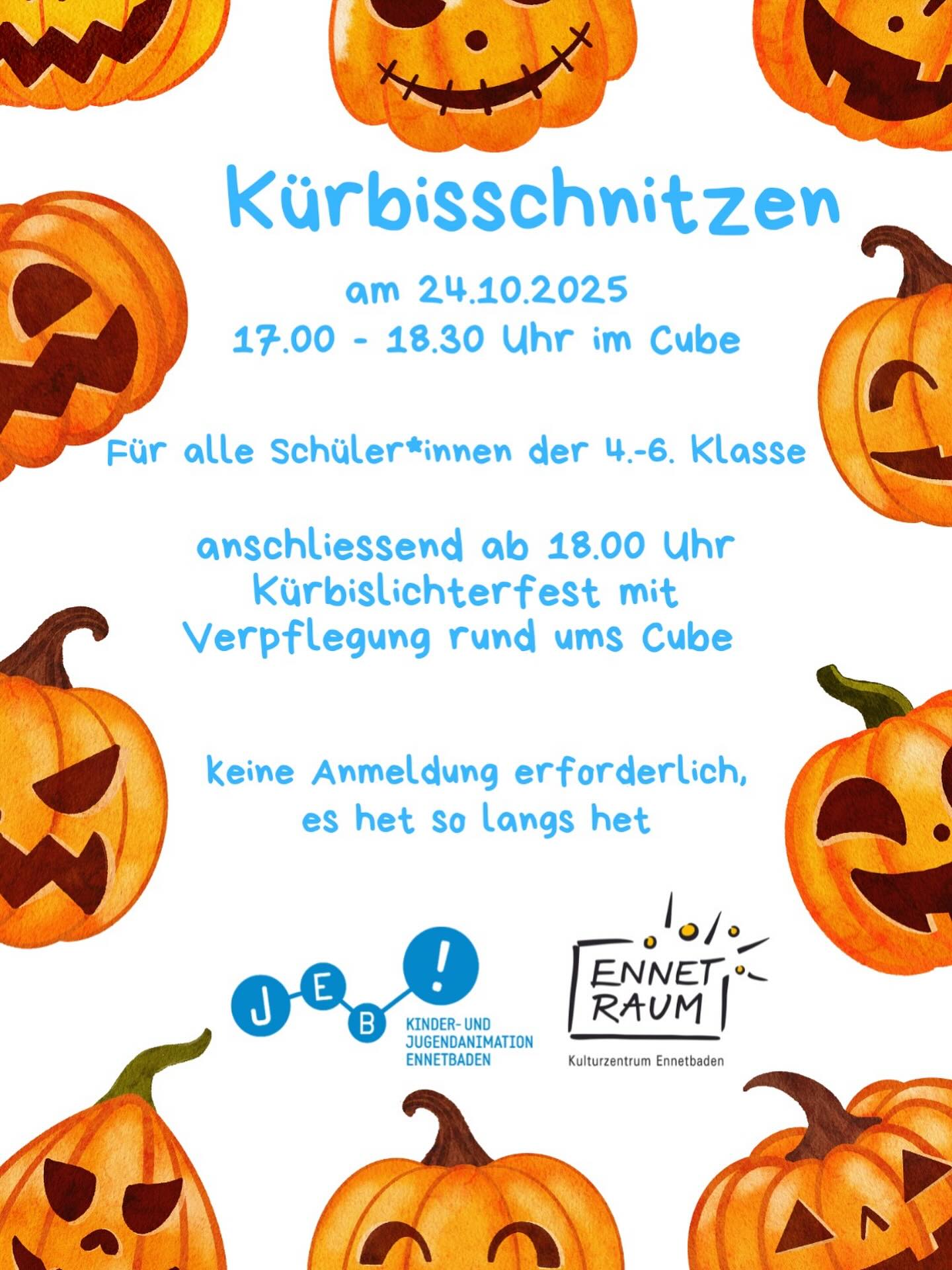 Morgen findet das Kürbisschnitzen im Cube statt! 🎃Gestalte einen Kürbis und lass ihn am Abend beim Lichterfest aufleuchten✨ Für Food ist natürlich auch gesorgt!🌭 Wir freuen uns auf Euch!🍁
#kürbisschnitzen #cube #ennetbaden