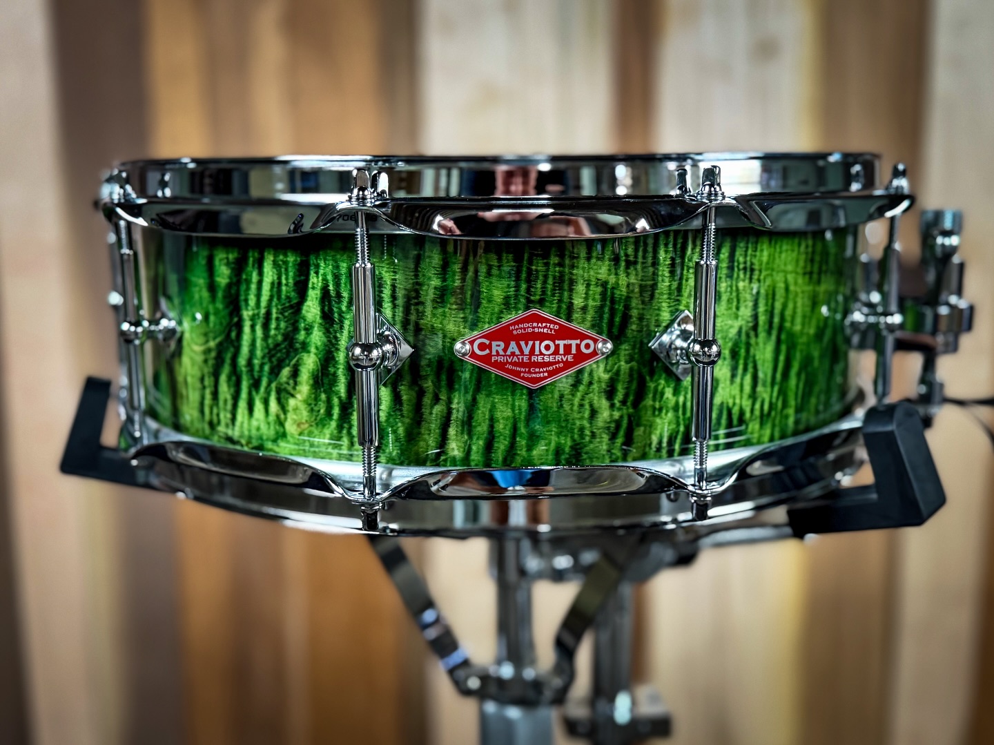 Private Reserve 4.5x14 Curly Maple, with 45 degree bearing edges, finished in ebonized green stain lacquer finish.
