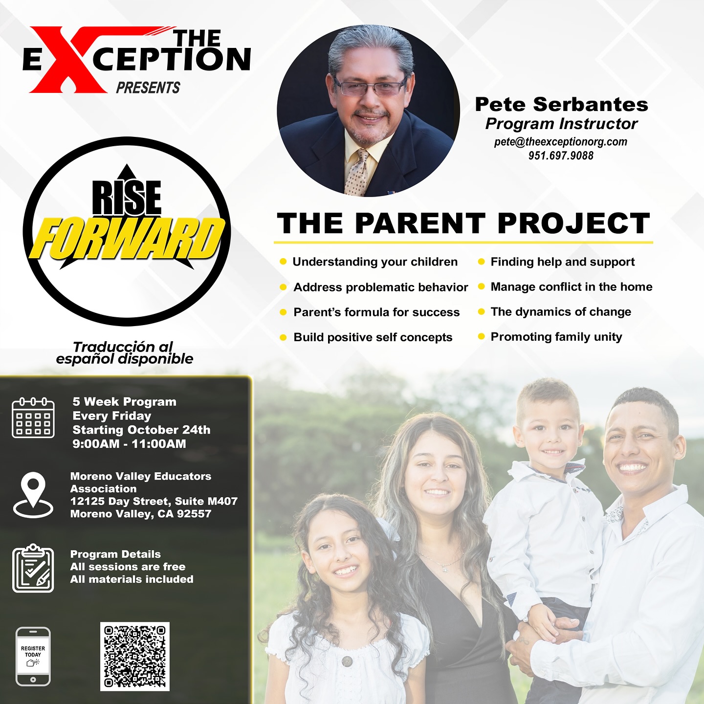 Parents, this one’s for you!
Join The Parent Project and learn practical ways to support your children, manage challenges at home, and build stronger family connections.
Starts October 24th | for 5 weeks | Fridays 9–11 AM
📍Moreno Valley Educators
Association
12125 Day Street, Suite M407
Moreno Valley, CA 92557
Spanish translation available
All sessions are free and include materials! Don’t miss this opportunity to rise forward together
#TheException #RiseForward #ParentProject #ParentingClass #FamilyUnity #CommunityResources