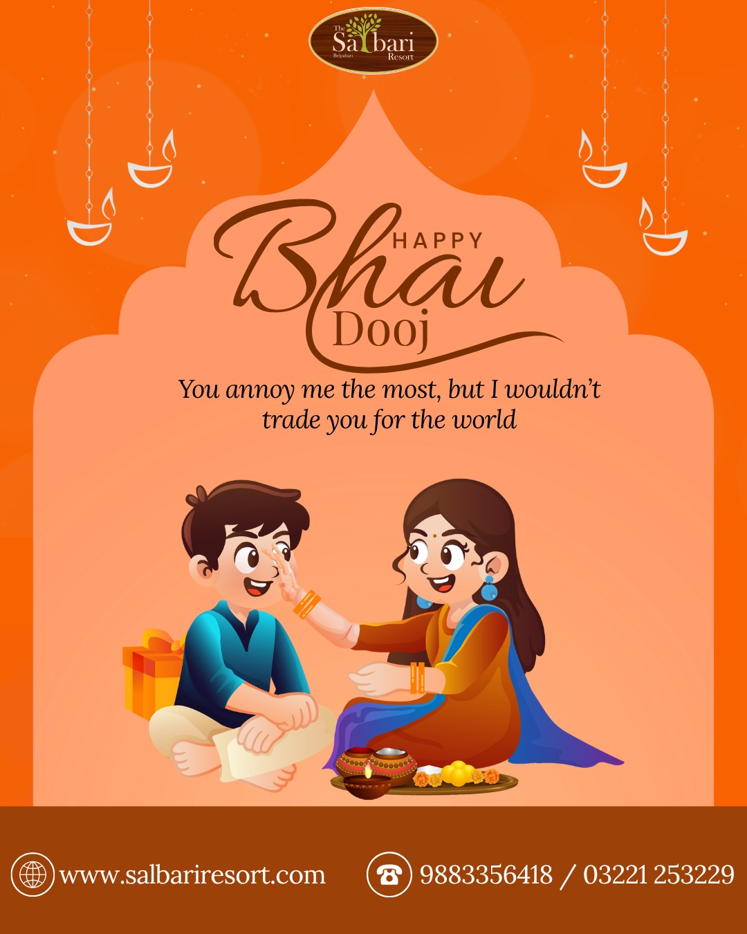 💖 Happy Bhai Phonta / Bhai Dooj! 💖
A bond of love, laughter, and lifelong friendship.
May the sacred thread of affection between brothers and sisters grow stronger with every passing year.
Warm wishes from Salbari Resort. 🌿✨
#SalbariResort #BhaiPhonta #BhaiDooj #BrotherSisterLove #FestivalOfBond #FamilyLove #IndianFestivals #Belpahari #WestBengalTourism #BengalTradition #FestivalVibes #SiblingBond #LoveAndBlessings #JoyfulMoments #CelebrateTogether